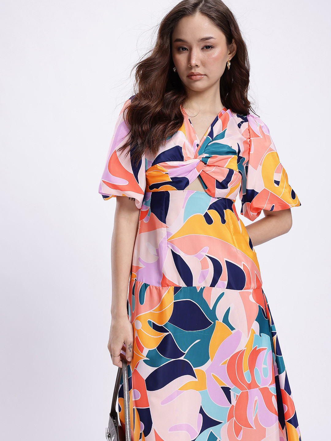 Tropical Printed Puff Sleeve Cut-Out Midi Dress