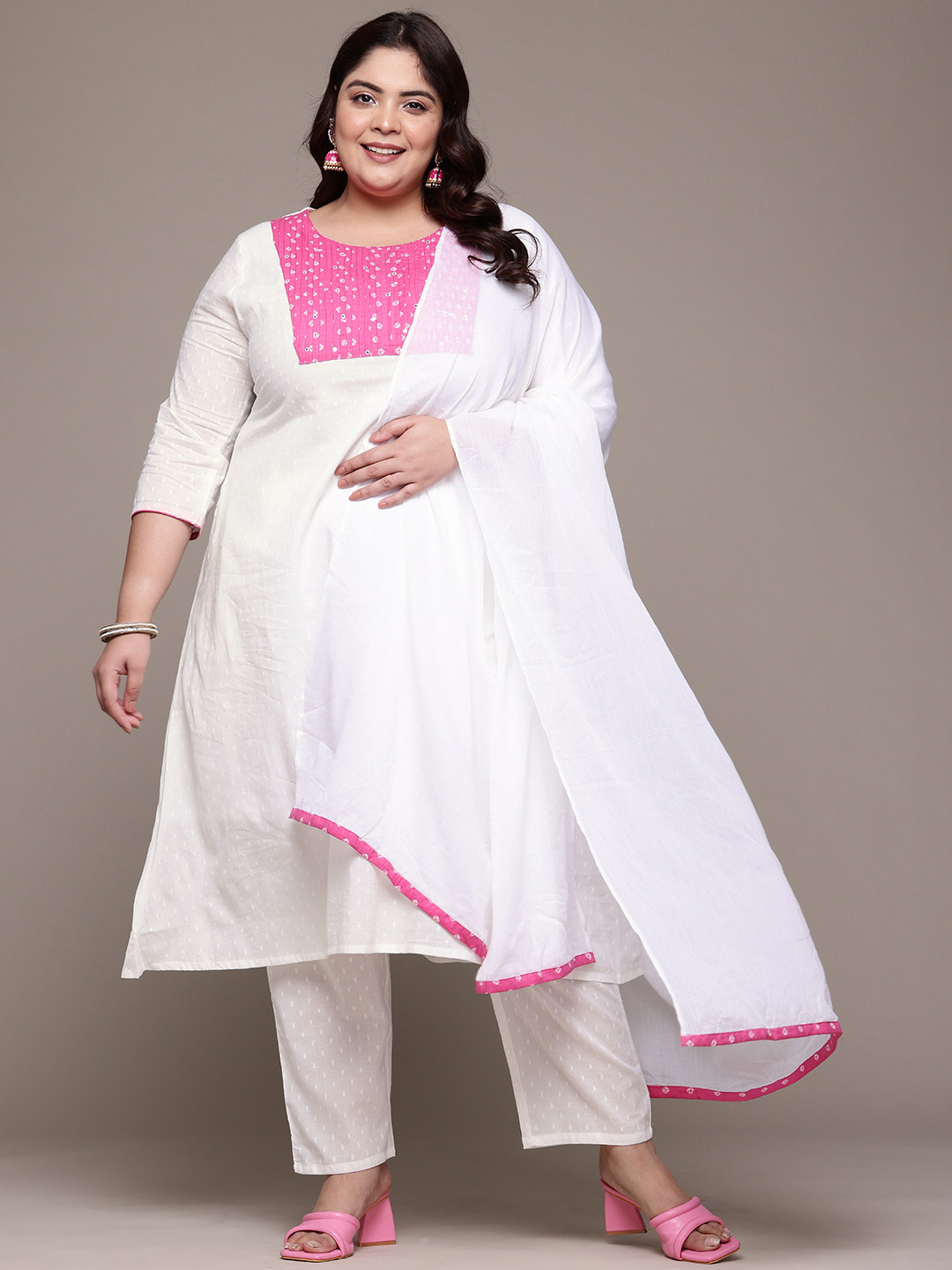 Readiprint Plus Size Bandhani Yoke Design Pure Cotton Kurta Set with Dupatta