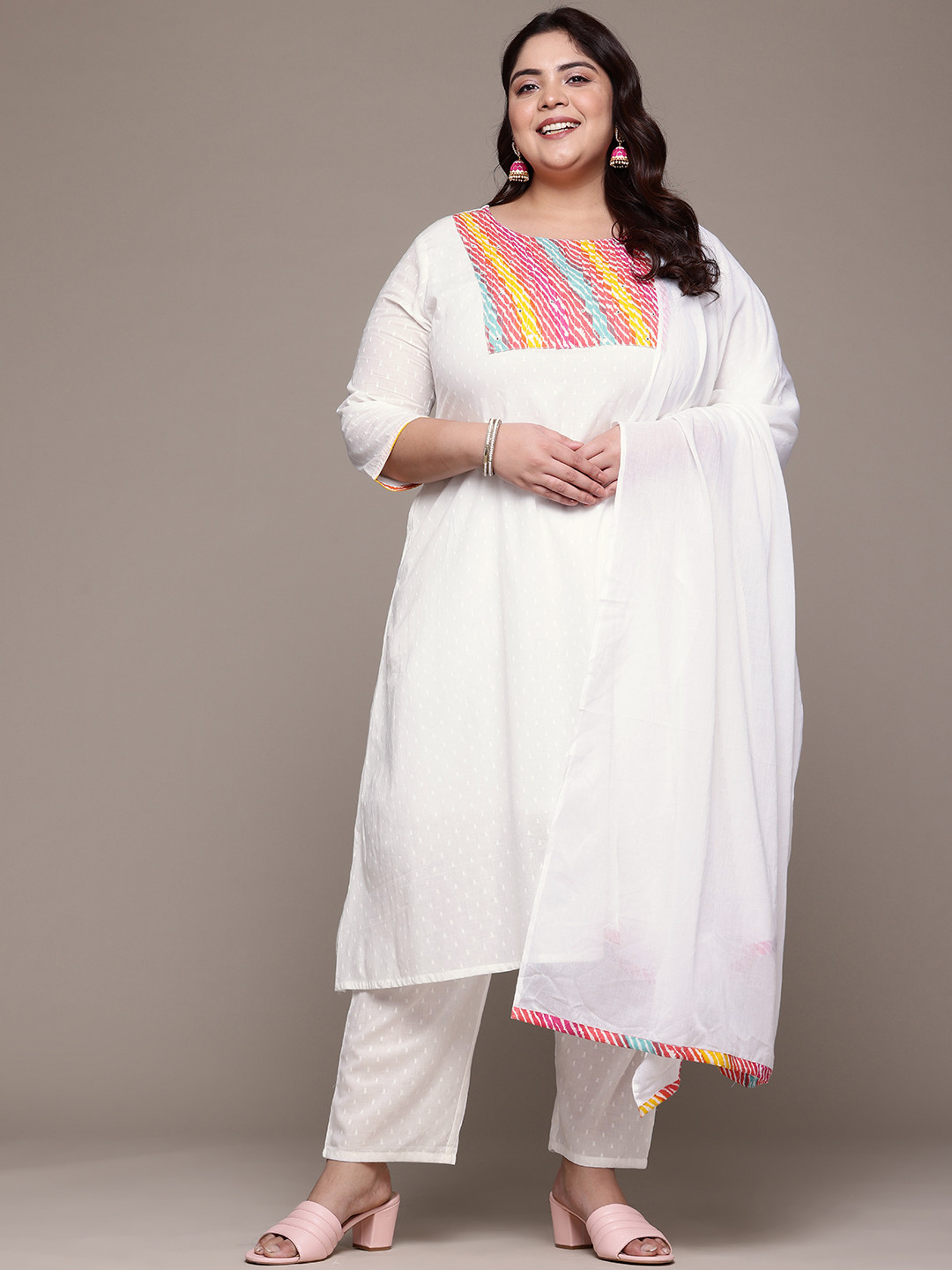 Readiprint Plus Size Bandhani Yoke Design Pure Cotton Kurta Set With Dupatta
