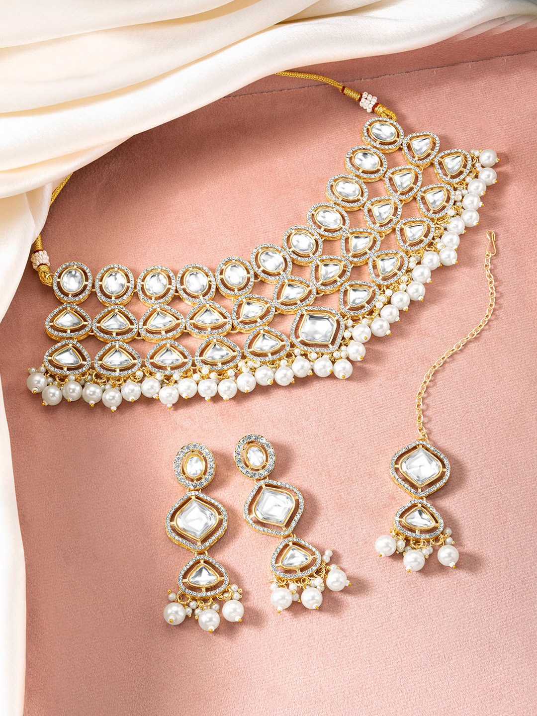 Peora Gold- Plated Cubic Zirconia & Beads Studded Jewellery Set
