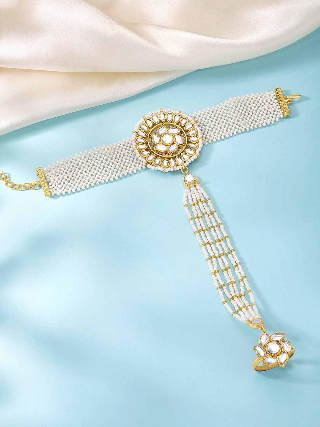 Peora Gold Plated Kundan Studded & Beaded Haath Panja Haath Phool Bracelet