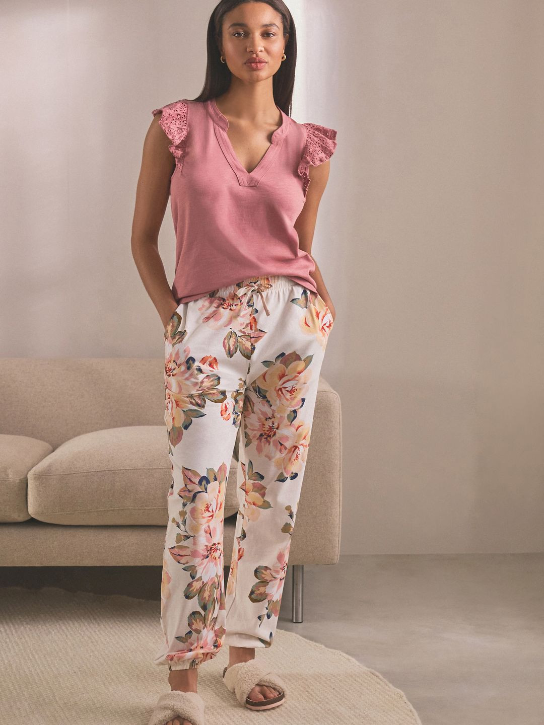 NEXT Women Pure Cotton Top & Printed Joggers Night suits