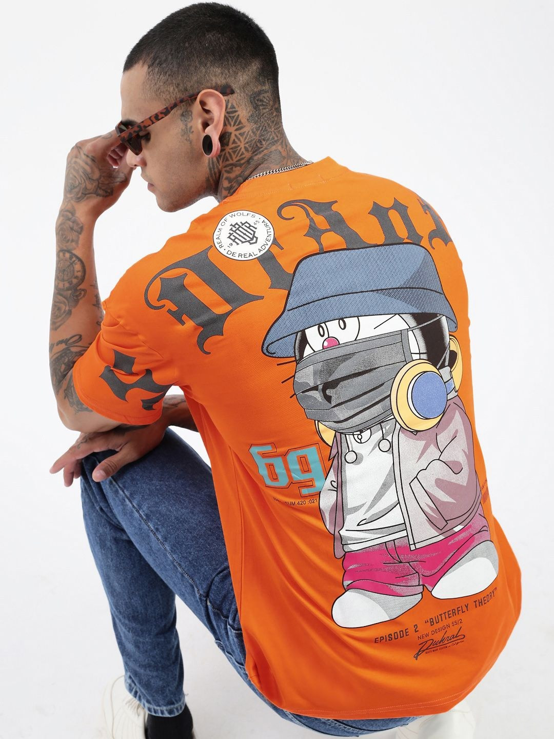 SHOWOFF Men Doraemon Graphic Printed Round Neck Cotton Relaxed Fit T-shirt