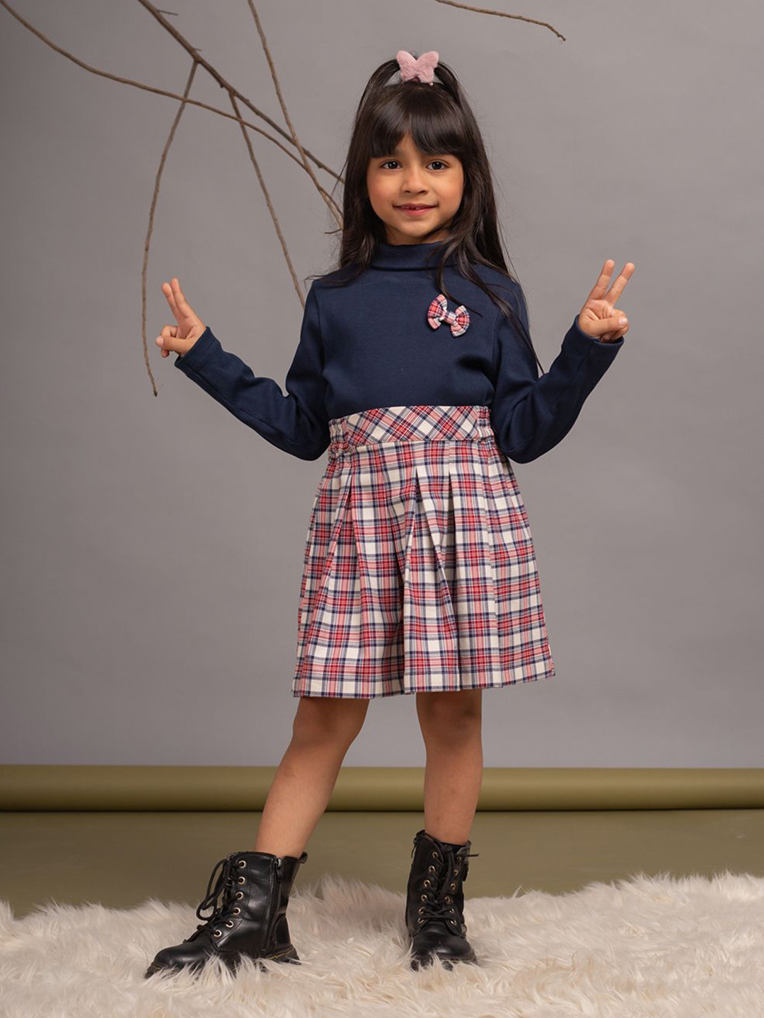 Budding Bees Girls High Neck Pure Cotton T-shirt With Checked Skirt