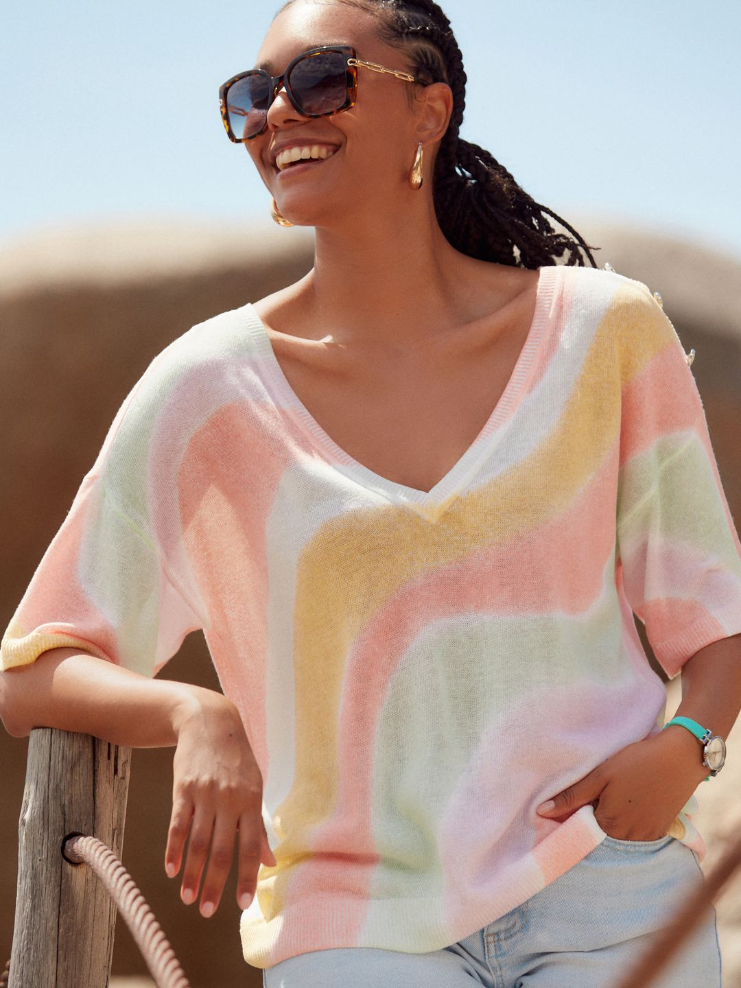 NEXT Embellished Dyed Effect V-Neck Drop-Shoulder Sleeves T-shirt