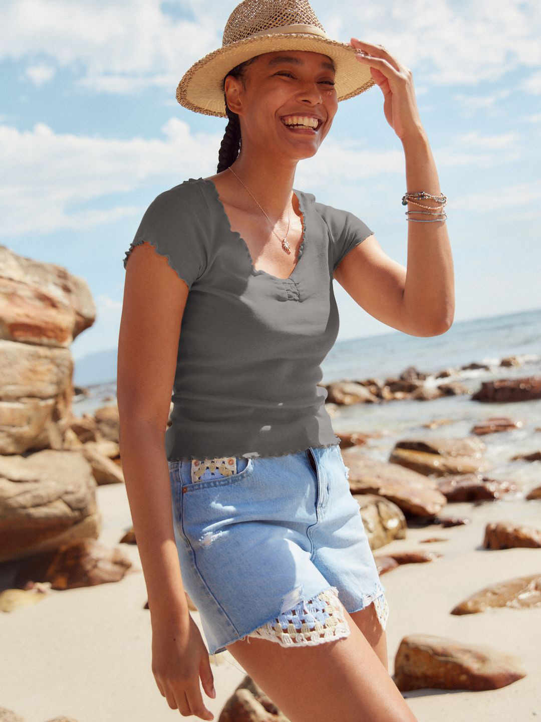 NEXT Scoop Neck Ruched Effect Pure Cotton T-shirt