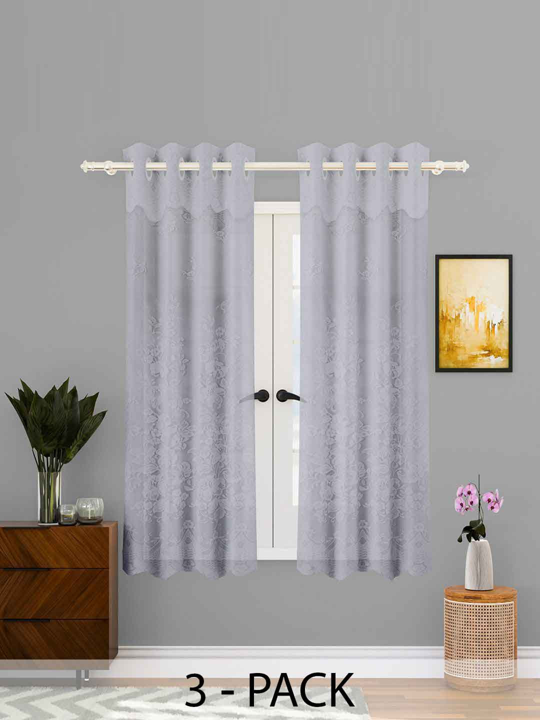 Kuber Industries Grey 3 Pieces Self Design Cotton Window Curtains