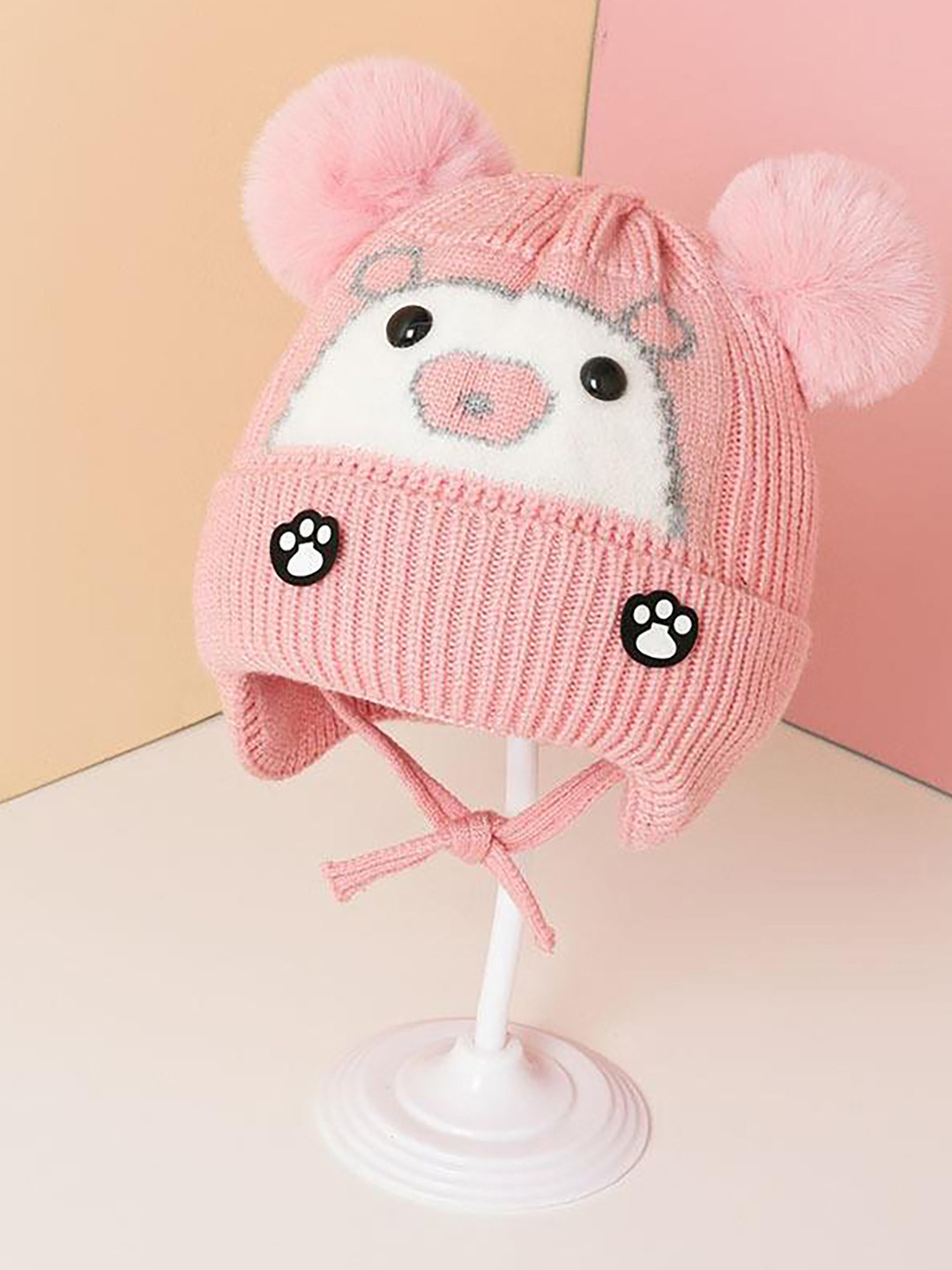 SYGA Kids Printed Bear Head Knitted Winter Beanie with Ear Protection