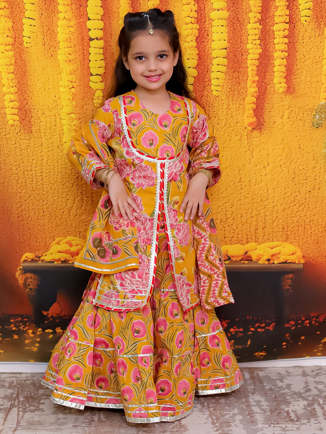 BownBee Floral Printed Pure Cotton Gotta Patti Kurta With Sharara & Dupatta