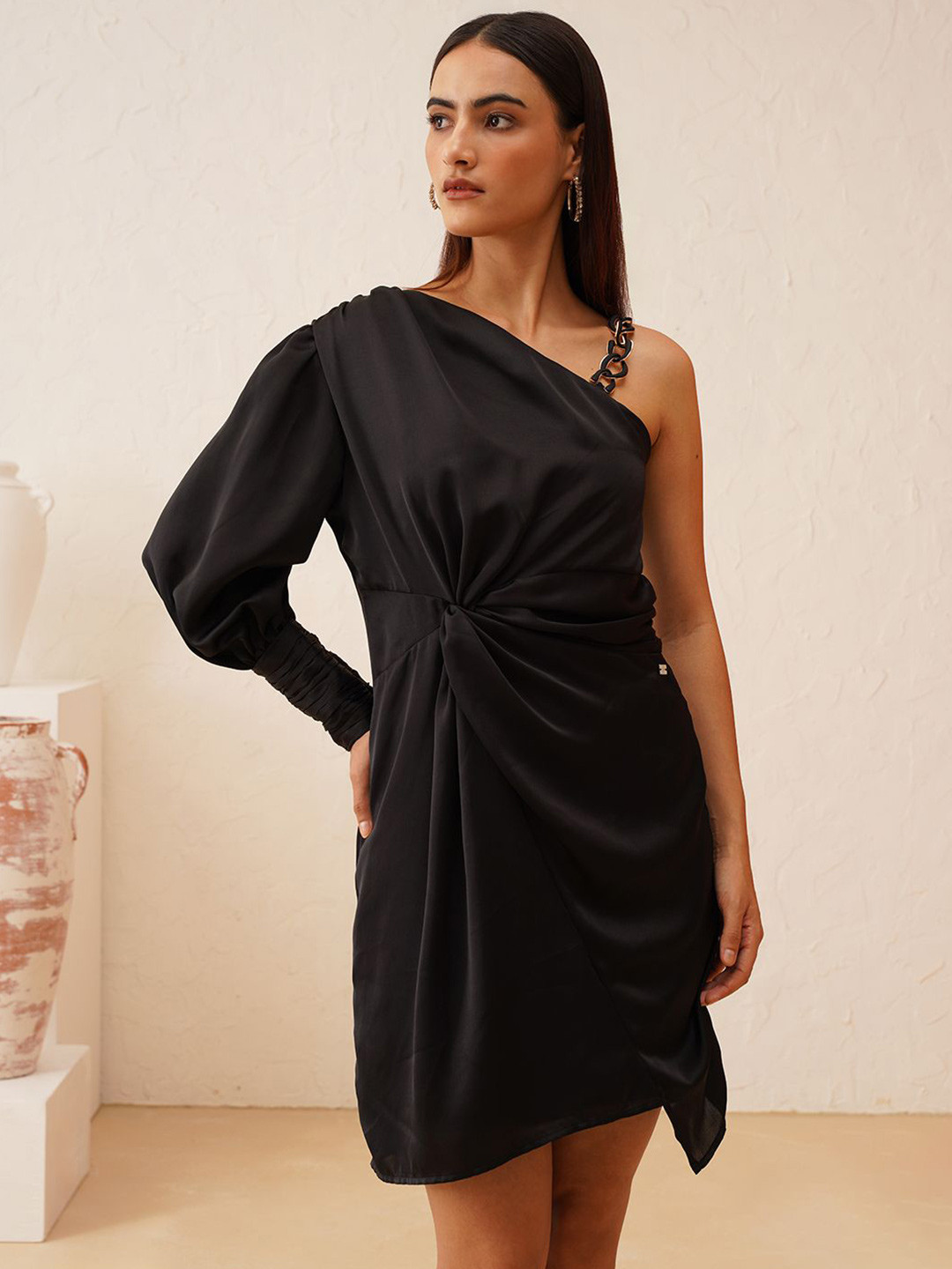 Beatnik Women One Shoulder Clack Satin Fit & Flare Dress