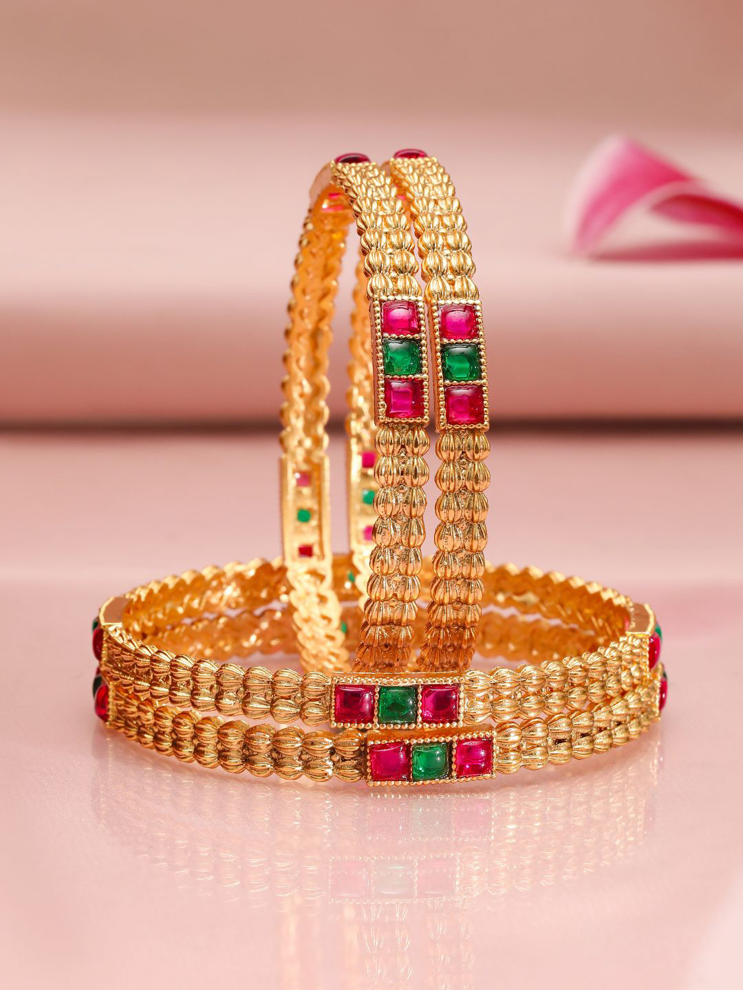 Rubans Set of 4, 18K Gold-Plated Ruby Pink & Emerald Green Stone Studed Traditional Bangle