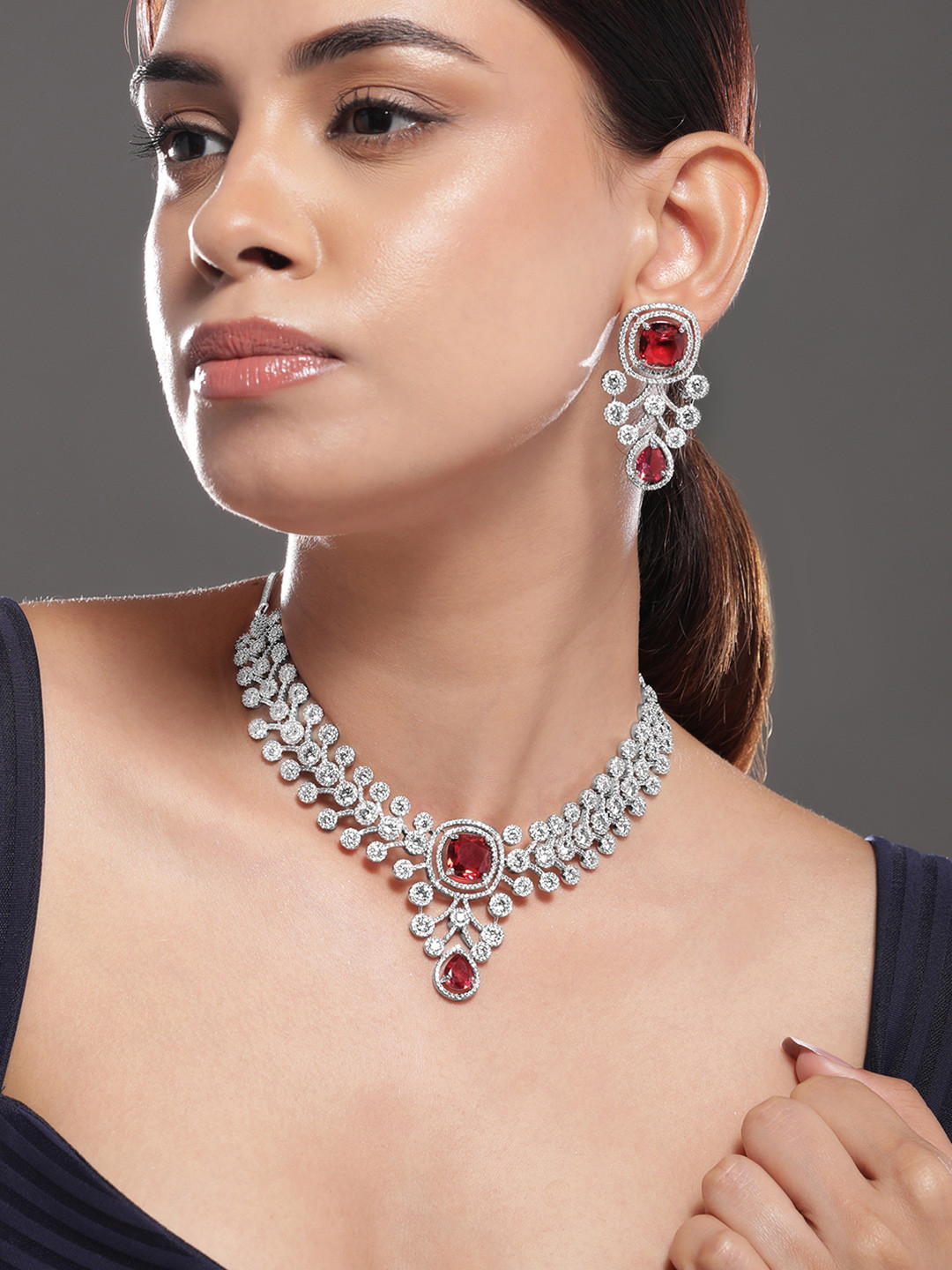 Rubans Silver-Plated Ruby Red & White Cubic Zirconia Studded Premium Jewellery Se
