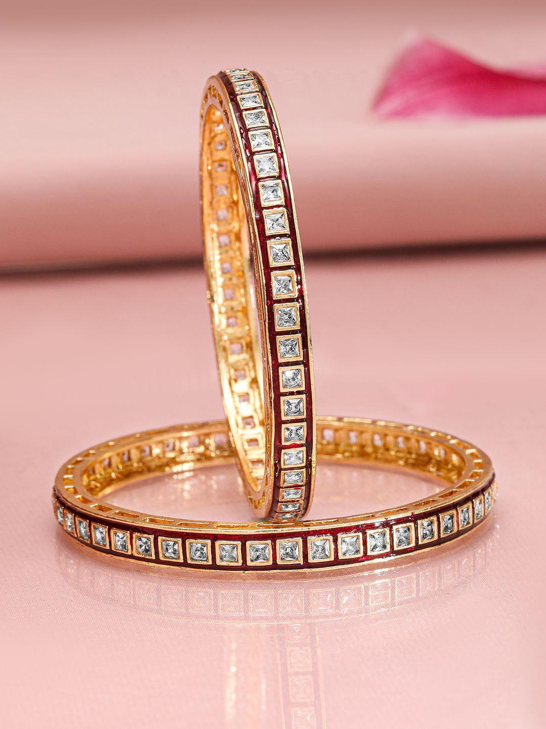 Rubans Set of 2, 22K Gold-Plated Red-Border Square-Cut White CubicZirconia Studded Bangles