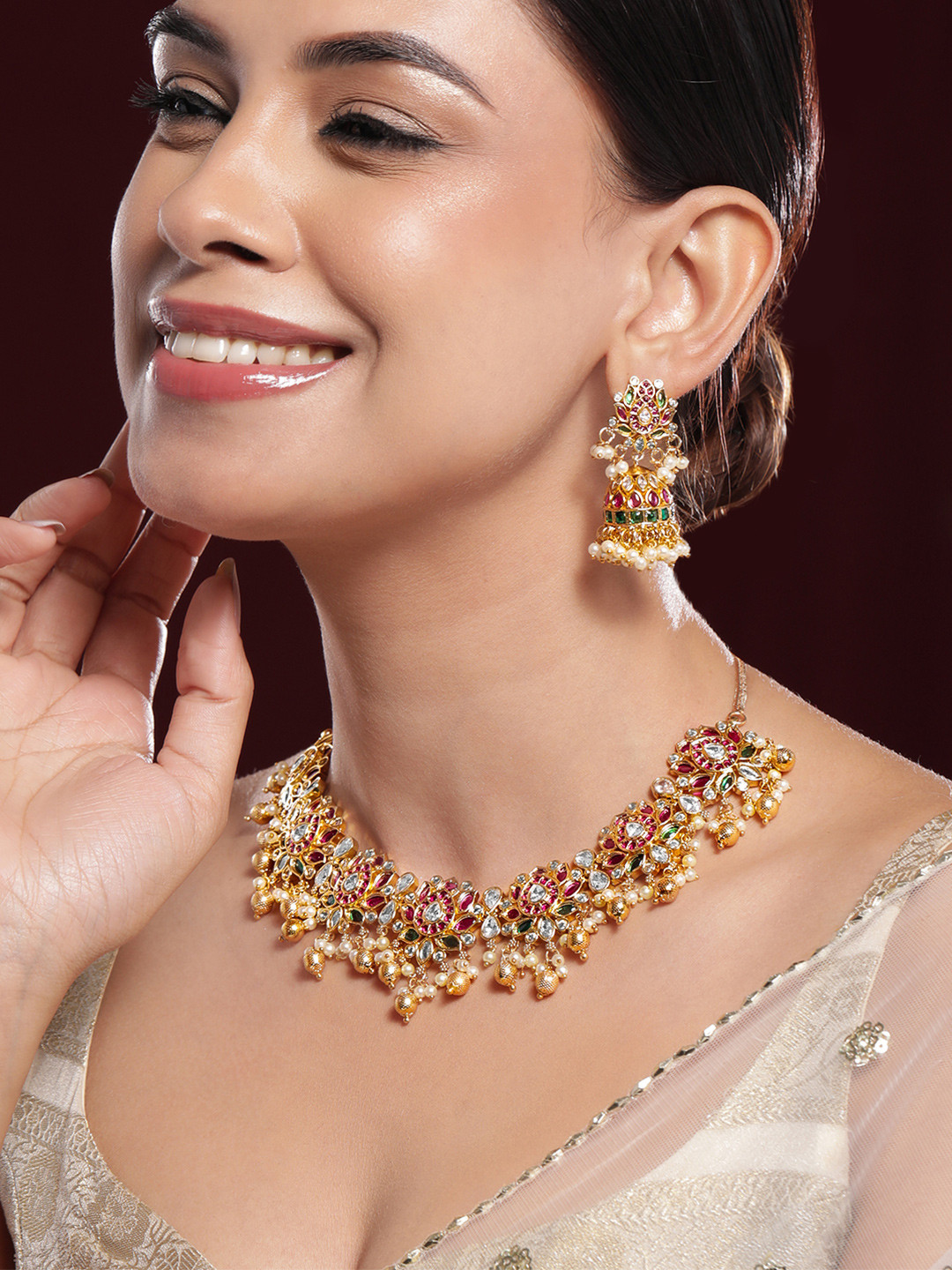 Rubans 22K Gold-Plated Ruby Pink, Emerald & White Kundan Studded Pearl Beaded Necklace Set