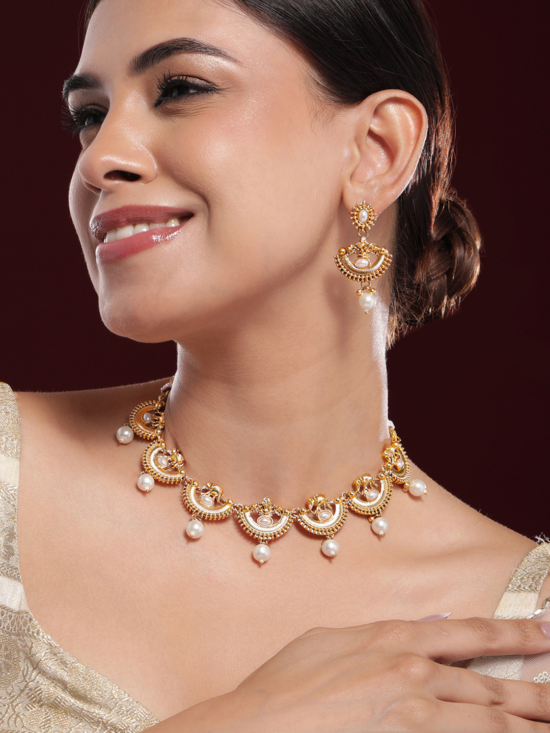 Rubans 18K Gold-Plated White Pearl Drops and Kundan Studded Brass Necklace Set
