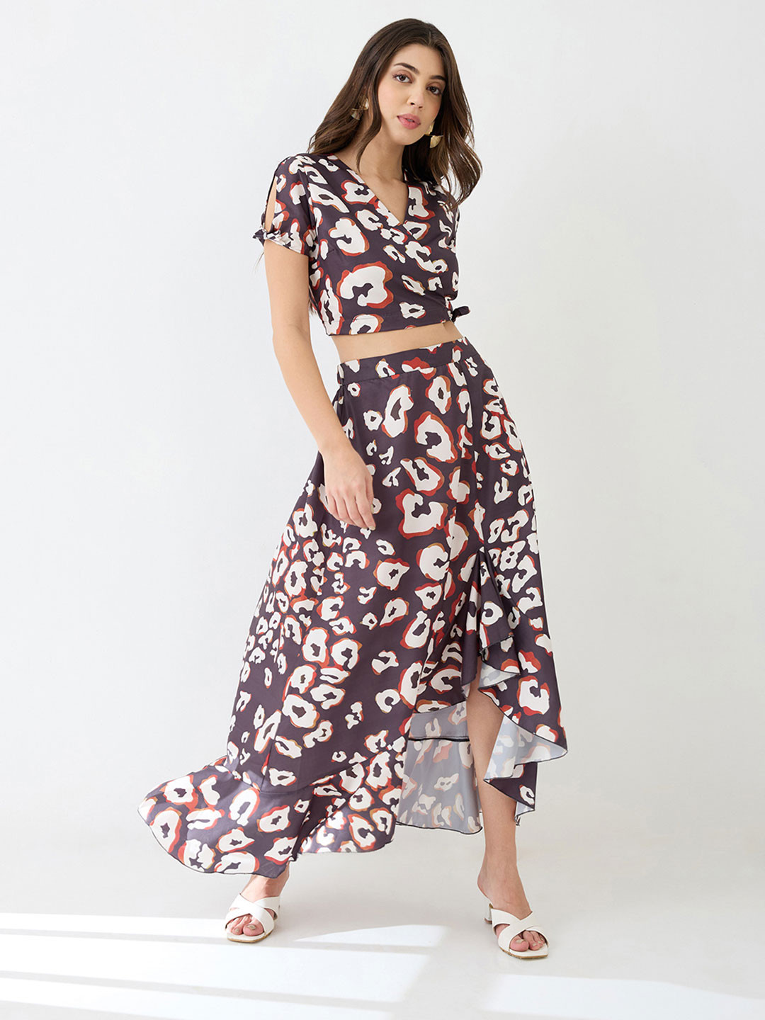 Globus Wrap Neck Animal Printed Crop Top & High-Rise Ruffled Maxi Skirt Fusion Co-Ord Set