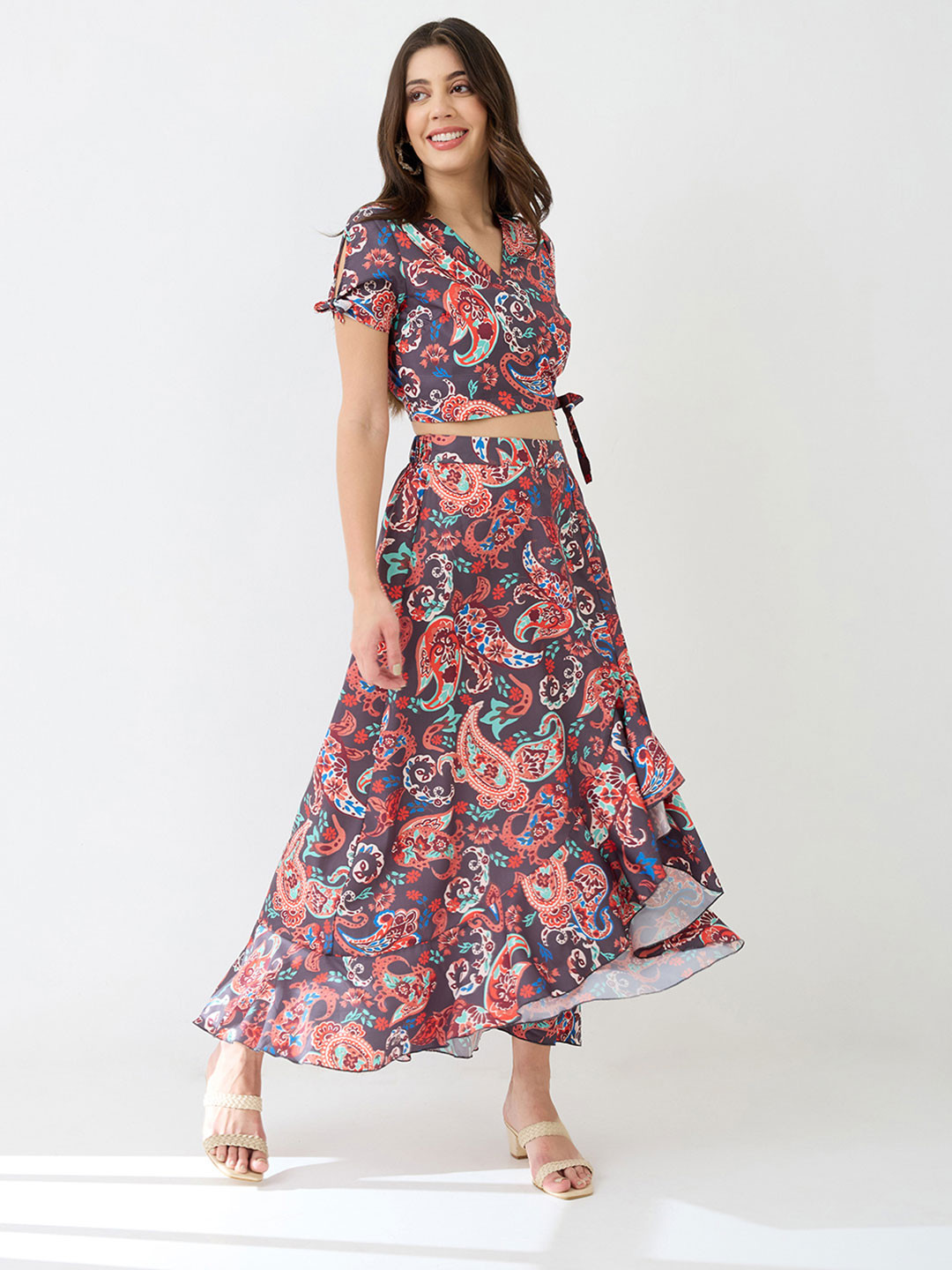 Globus Wrap Neck Paisley Printed Crop Top & High-Rise Ruffled Maxi Skirt Fusion Co-Ord Set