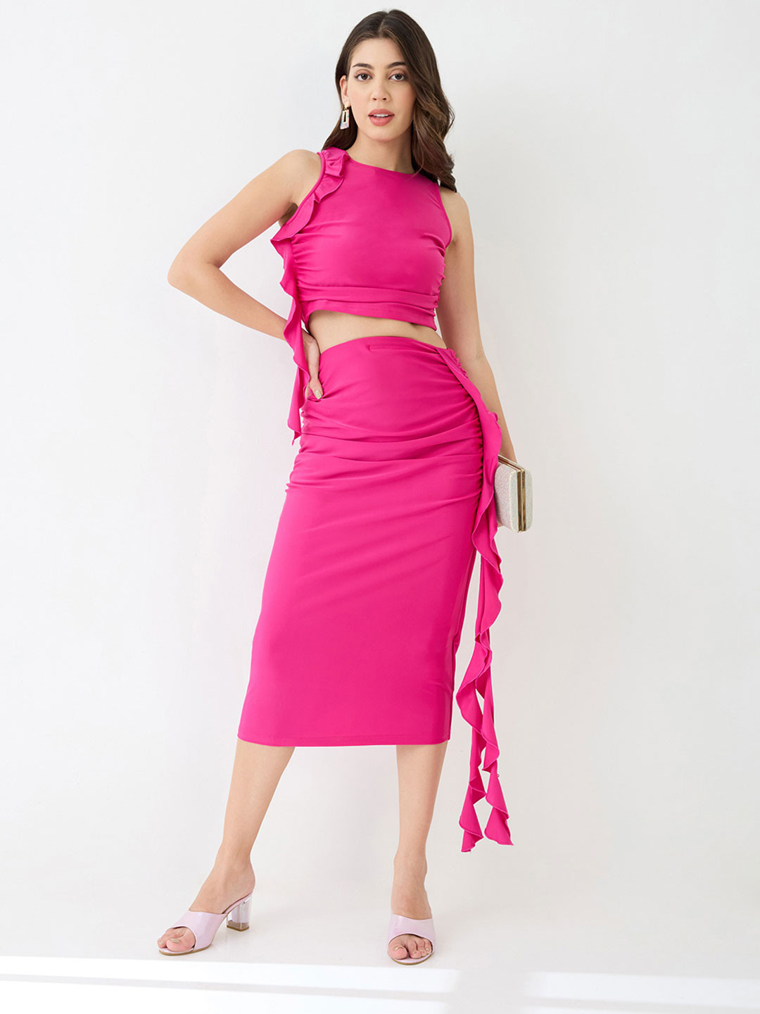 Globus Round Neck Ruffle Detail Stretchable Bodycon Crop Top & Midi Skirt Party Co-Ord Set