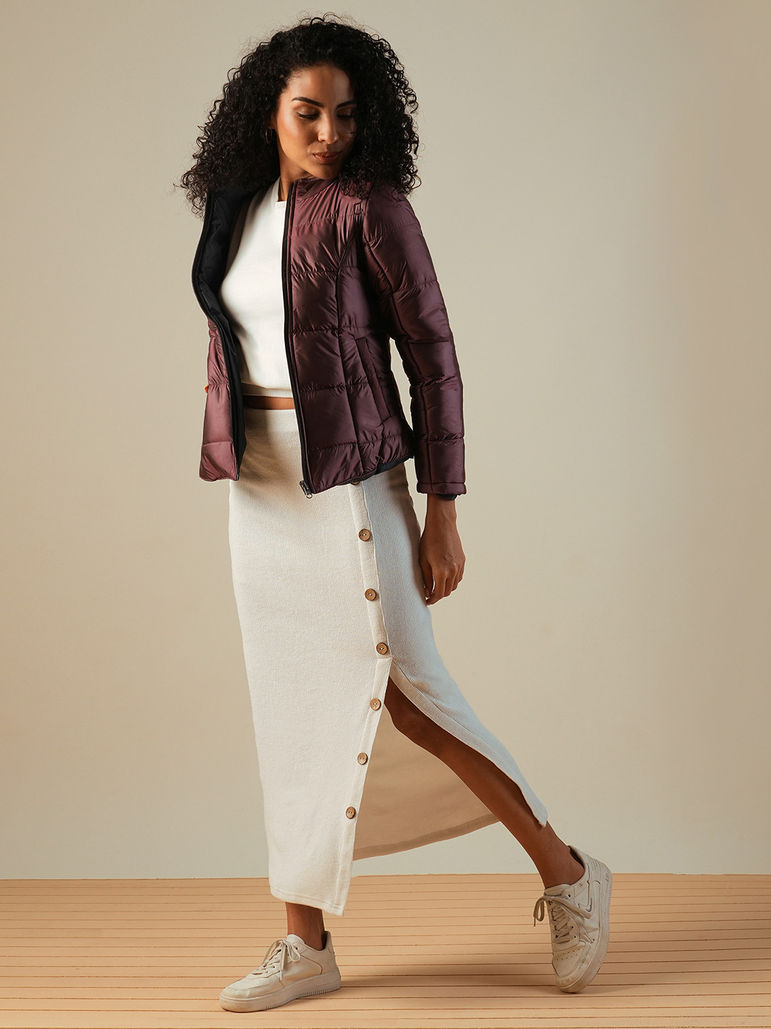 Globus Self Design Button Detail Mid-Rise Side Slit Midi Pencil Skirt