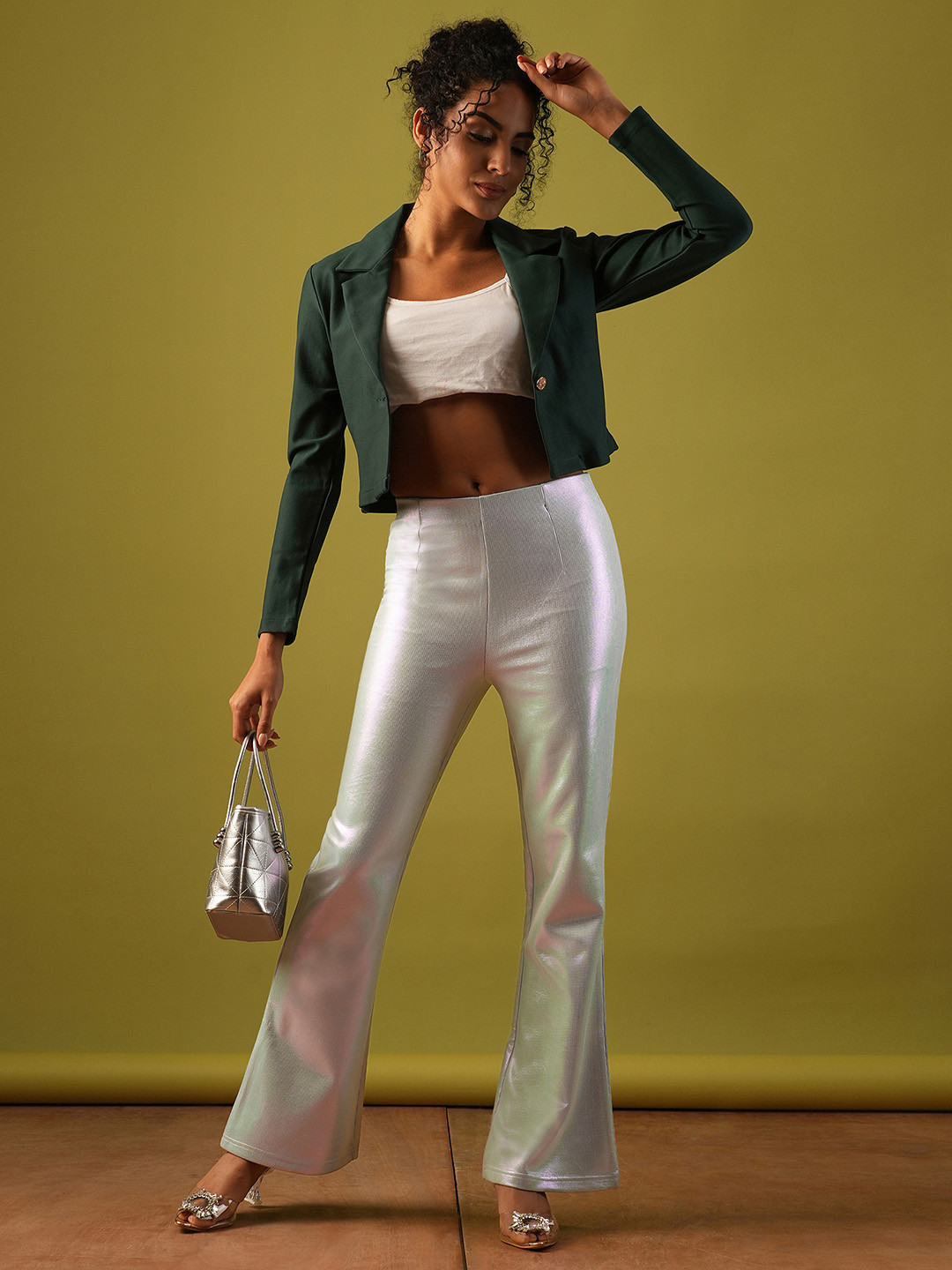 Globus Self Design Shiny Stretchable Mid-Rise Flared Party Treggings