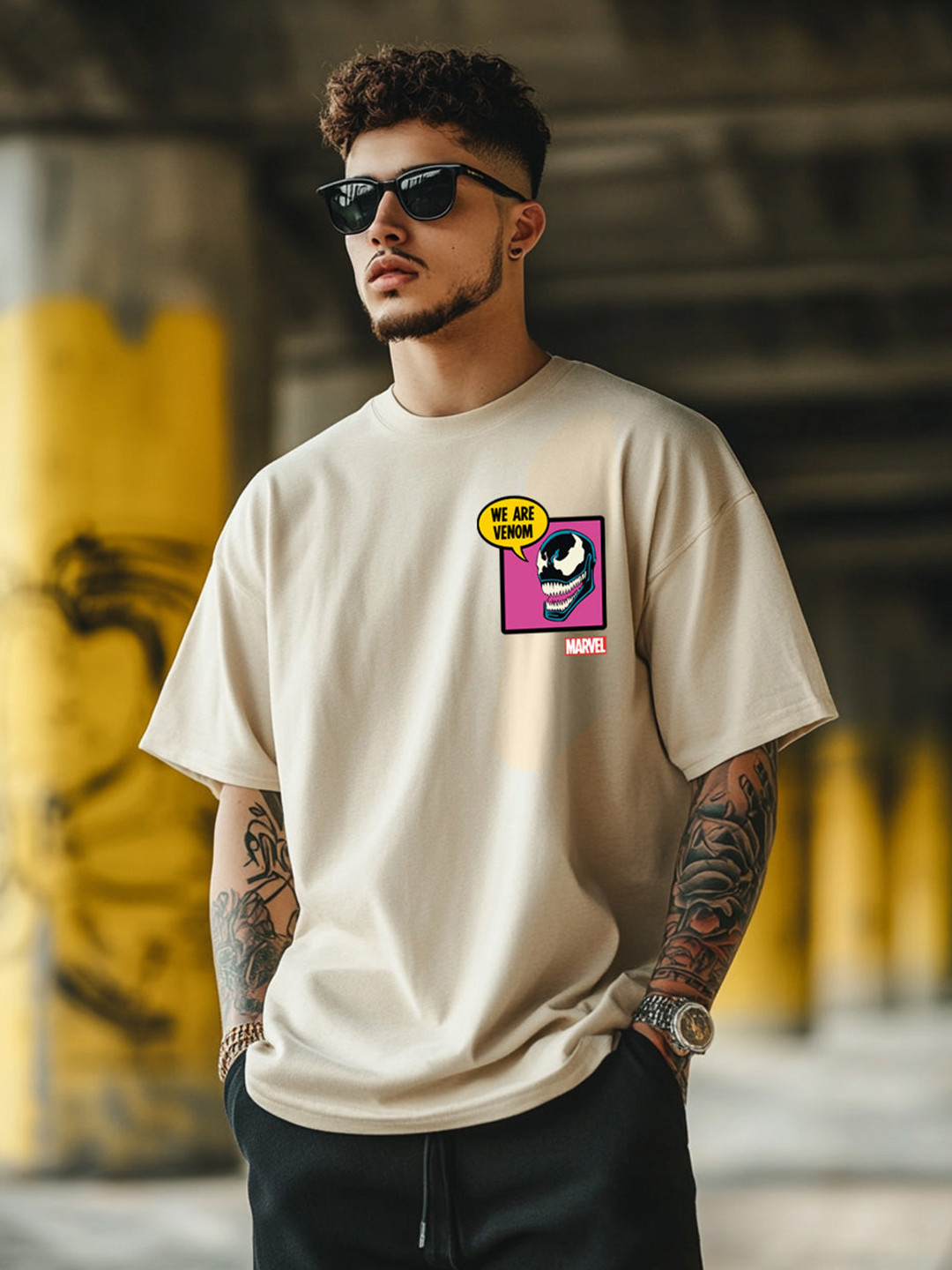 VEIRDO Marvel Men Venom Graphic Printed Round Neck Pure Cotton Oversized T-shirt