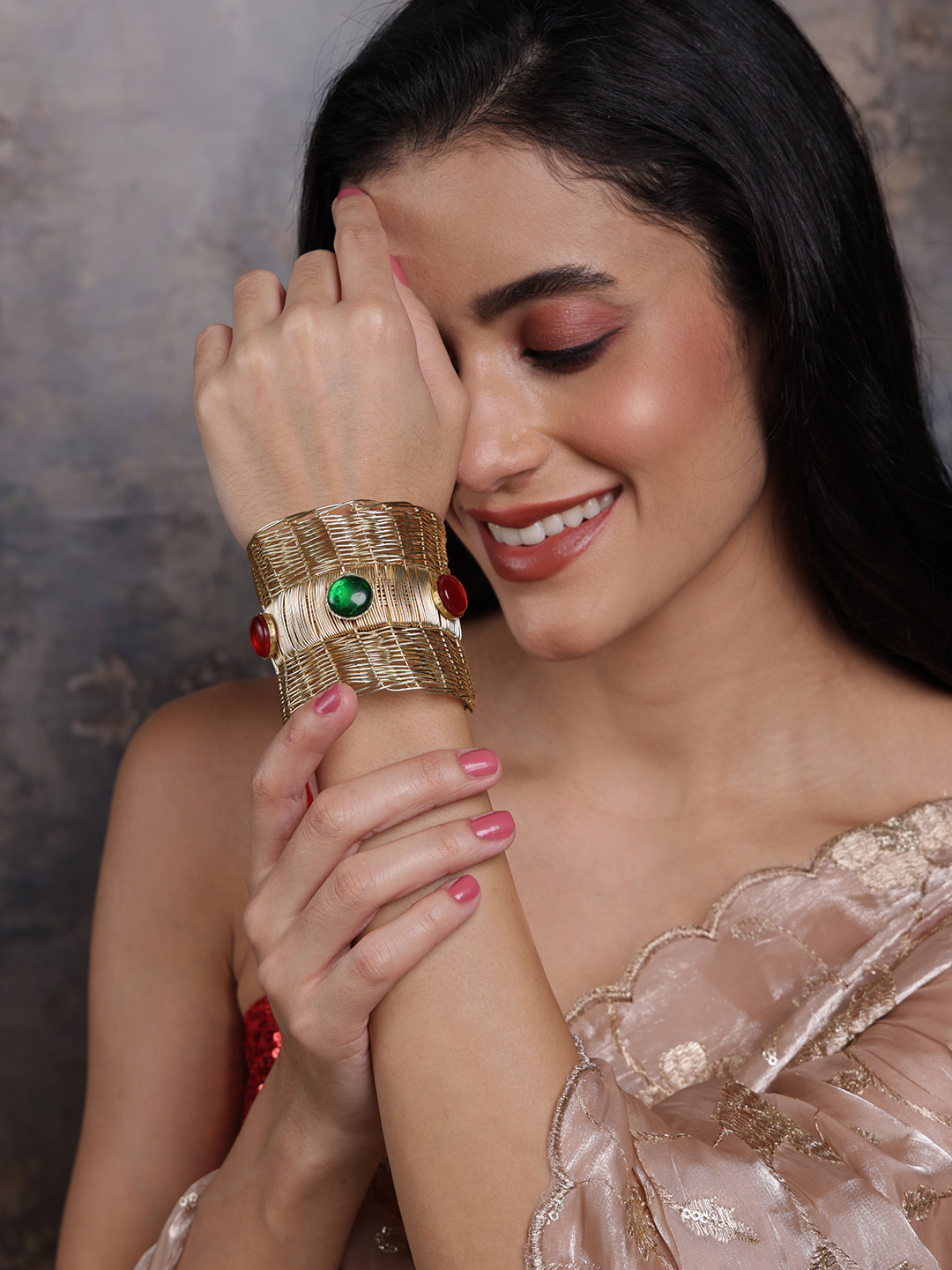 VOGUE PANASH Hand-Crafted Gold-Plated Stones-Studded Adjustable Bracelet