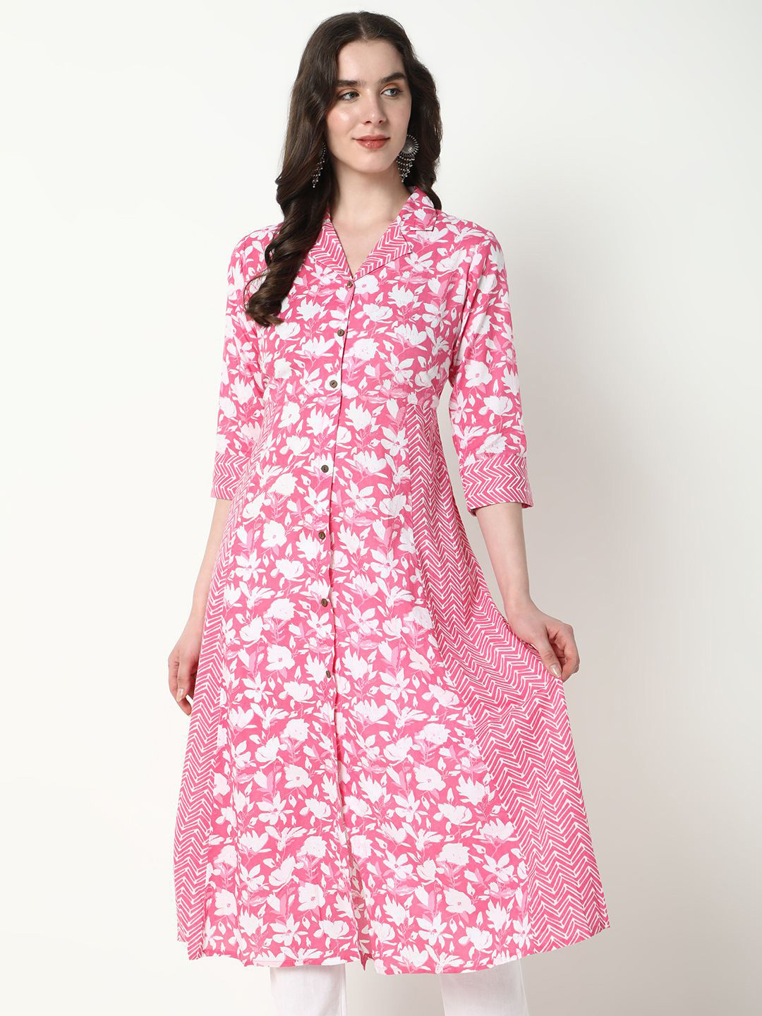SHOWOFFFF Floral Printed Shirt Collar Cotton A-Line Kurta