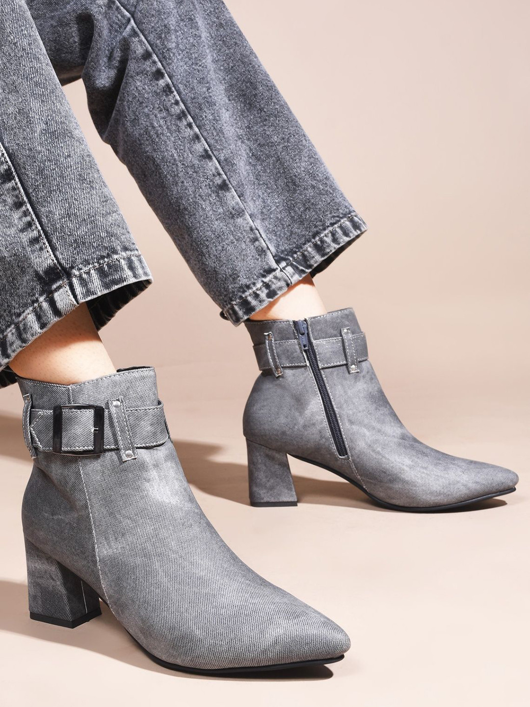SHUZ TOUCH Women Denim Block-Heeled Boots