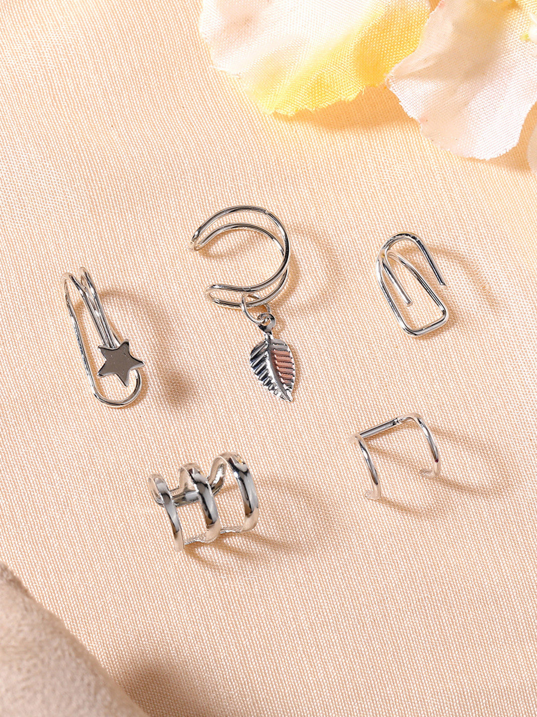 Estele 5 Pieces Rhodium-Plated Leaf Shaped Ear Cuff Earrings