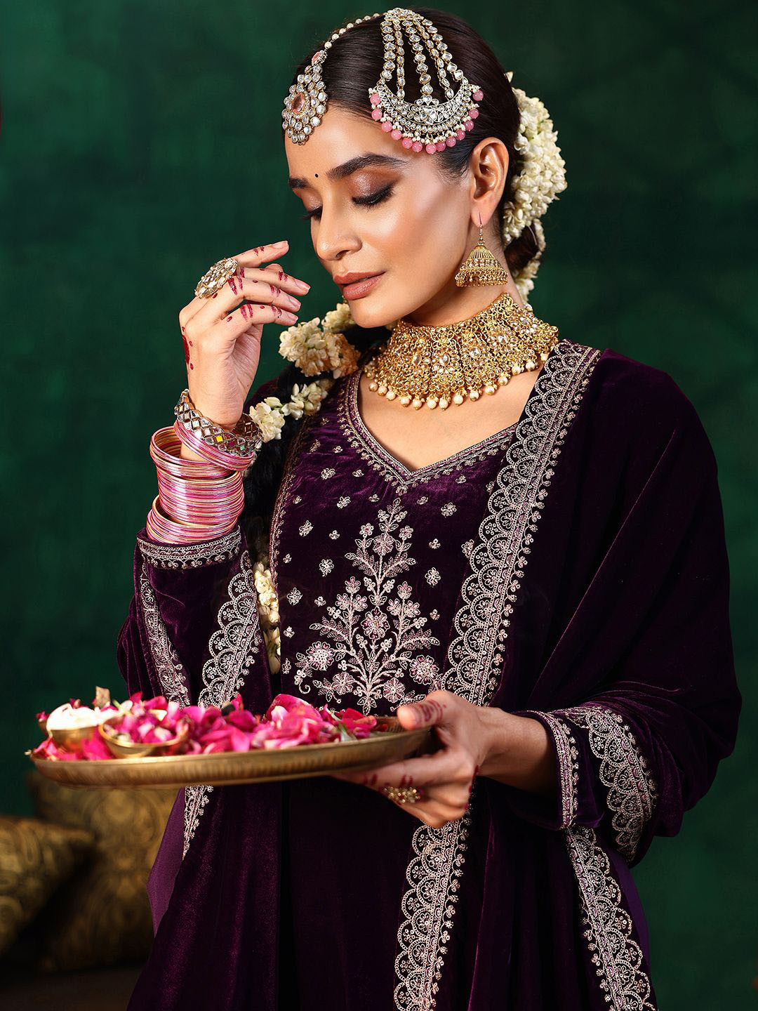 Libas Floral Embroidered V-Neck Velvet Straight Kurta With Trousers & Dupatta