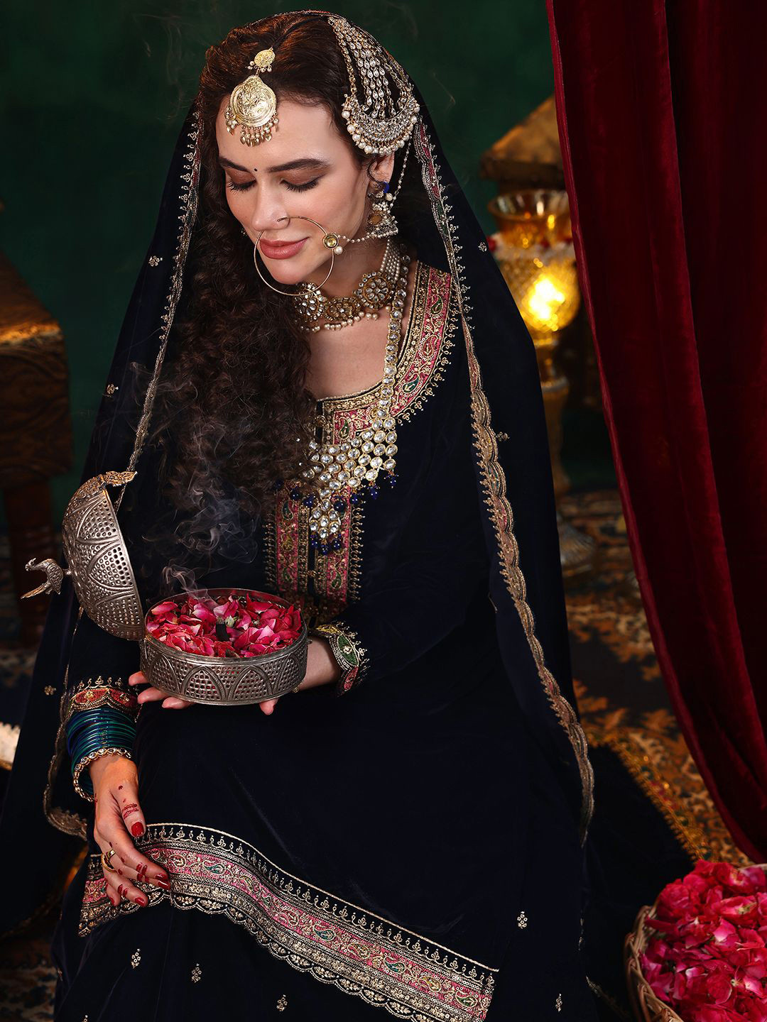 Libas  Paisley Embroidered Zari Straight Velvet Kurta With Skirt & Dupatta