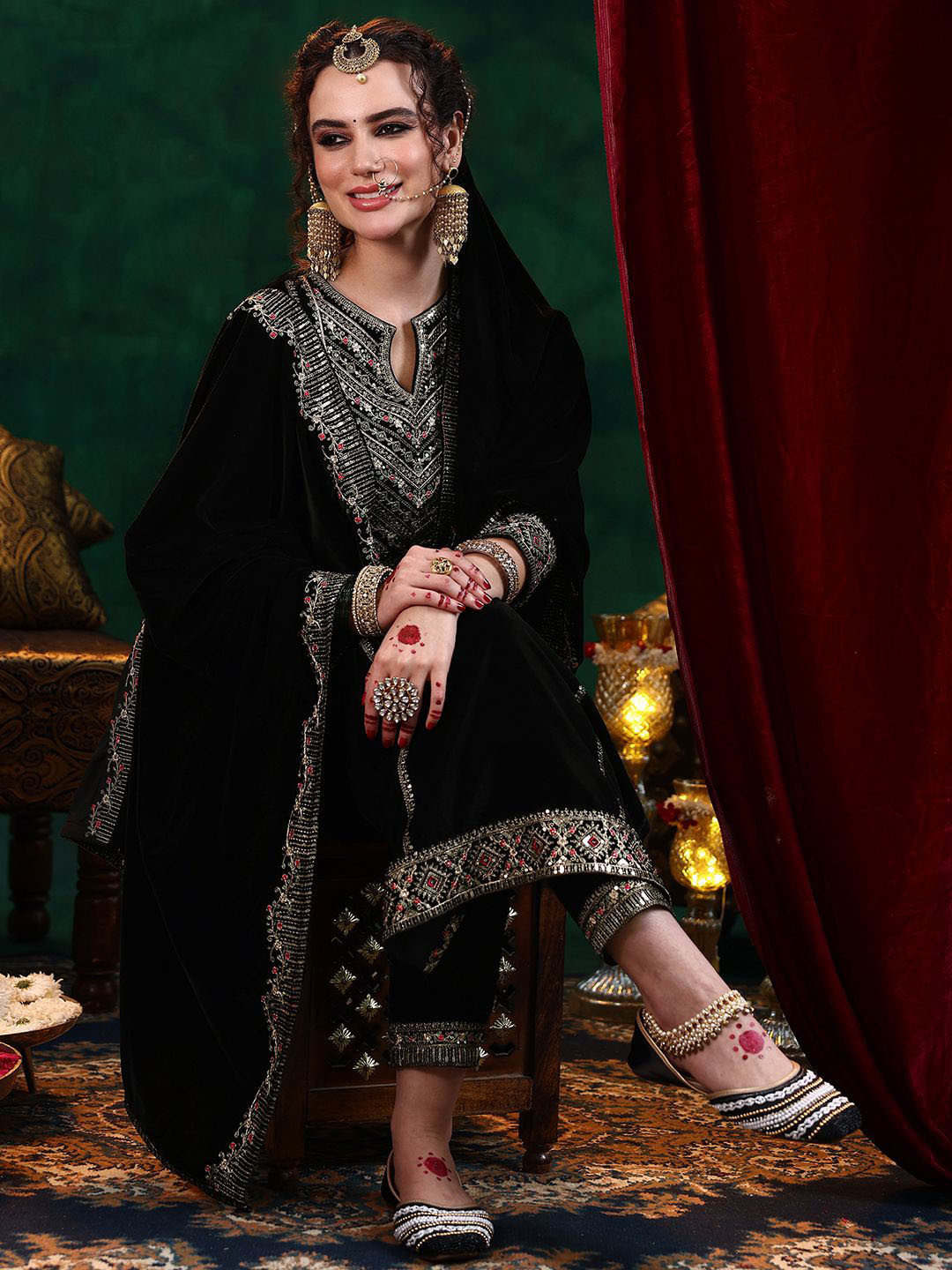 Libas Floral Embroidered Zari Velvet Straight Kurta With Trousers & Dupatta
