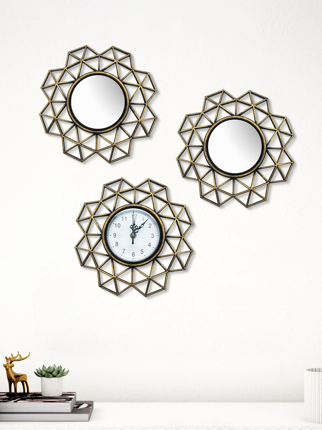 Home Centre Corsica Corvus Gold-Toned 3 Pieces Textured Decorative Mirrors & Wall Clock