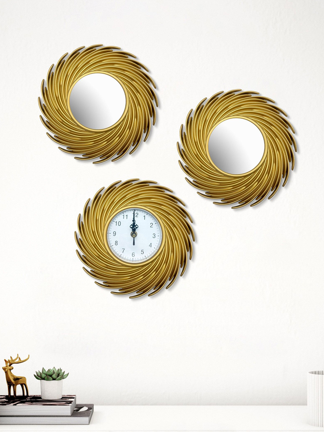 Home Centre Decorative Mirrors and Set Wood Large Display 3 Pcs Abstract Battery Analogue Wall Clock