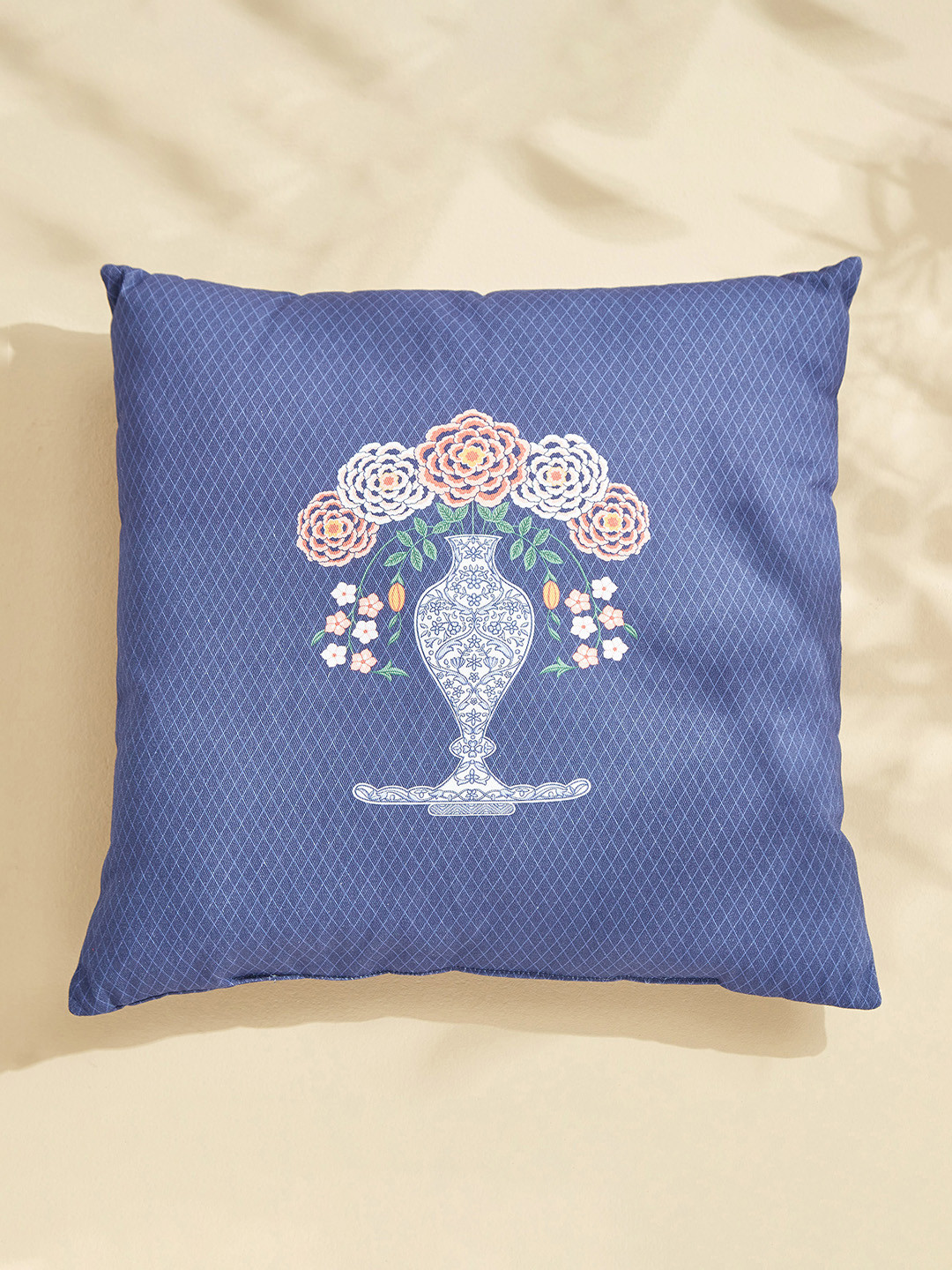 Home Centre Amaya Vase Blue & White Printed Cotton Square Pre Filled Cushion