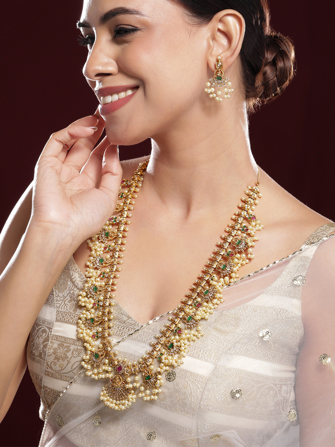 Rubans 22K Gold-Plated Green & Pink Stone Cubic Zirconia Temple Jewellery Set with Pearls