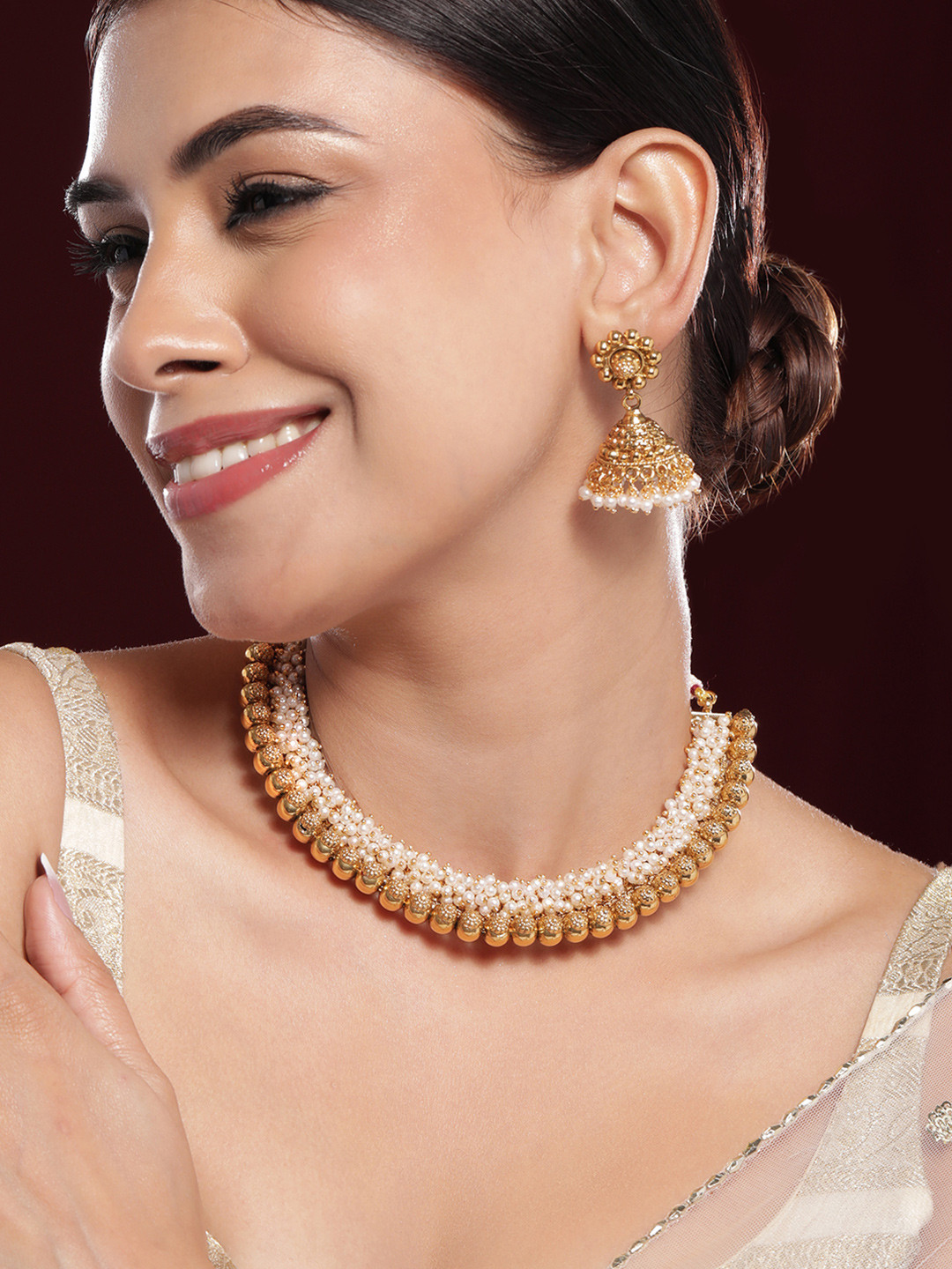 Rubans 22K Gold-Plated White Pearls & Golden Beads Studded Beaded Traditional Jewellery Se