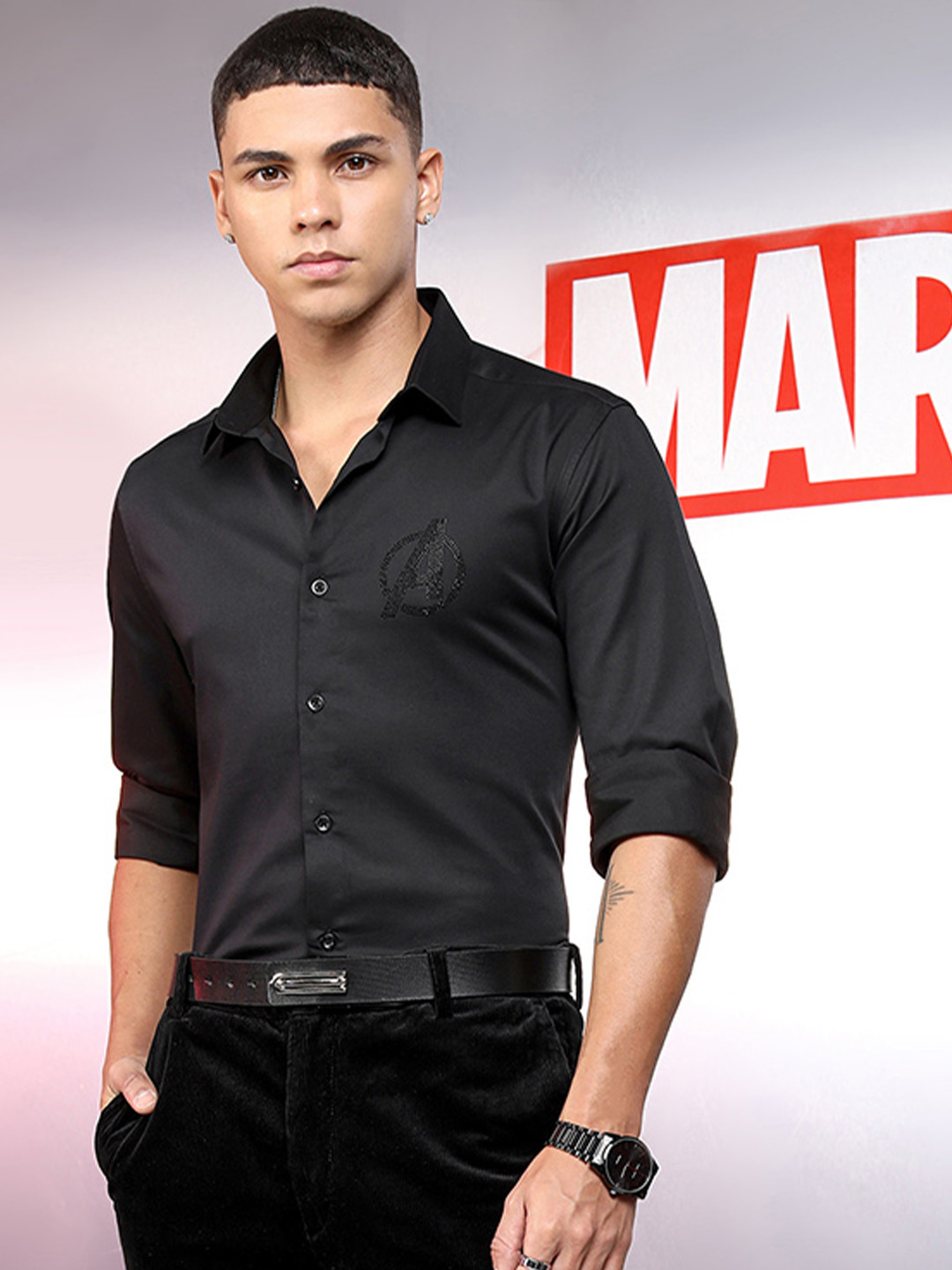 HIGHLANDER Marvel Men Avengers Satin Embellished Slim Fit Party Shirt