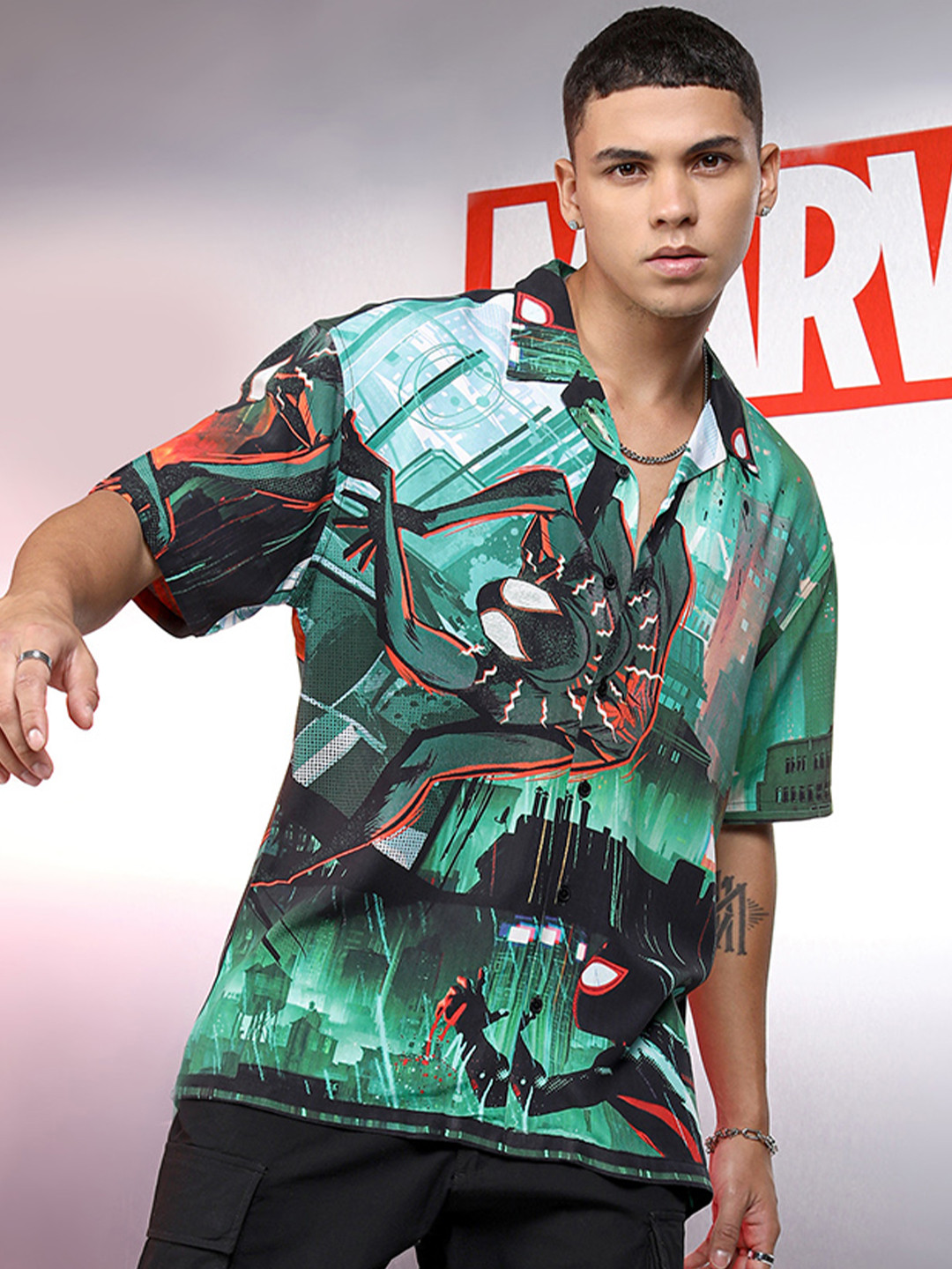 Highlander Marvel Men Mui Color Spider Man Printed Cuban Collar Viscose Relaxed Shirt