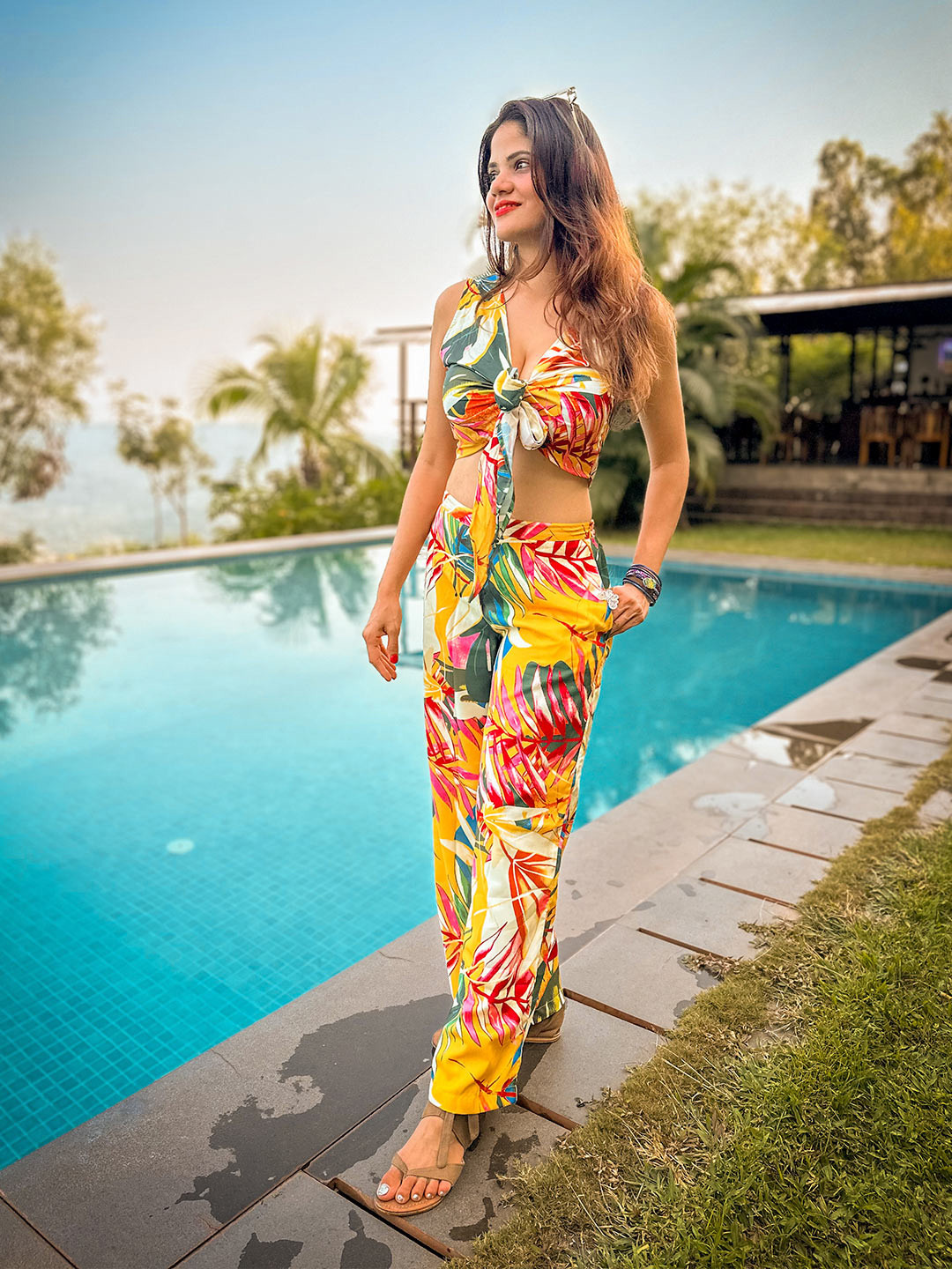 Aoba Yellow Printed V-Neck Relaxed-Fit Top With Trouser