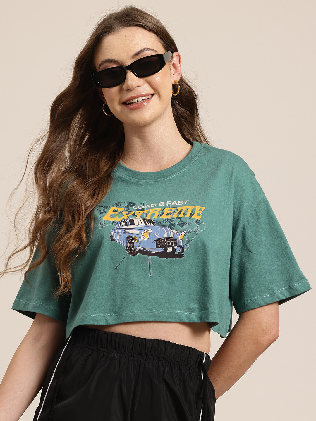 HERE&NOW Grand Prix Printed Drop-Shoulder Sleeves Pure Cotton Cropped Boxy T-shirt