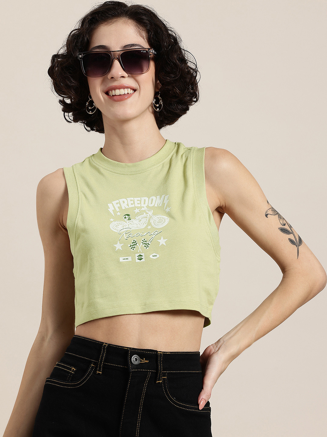 HERE&NOW Grand Prix Typography Print Pure Cotton Crop T-shirt