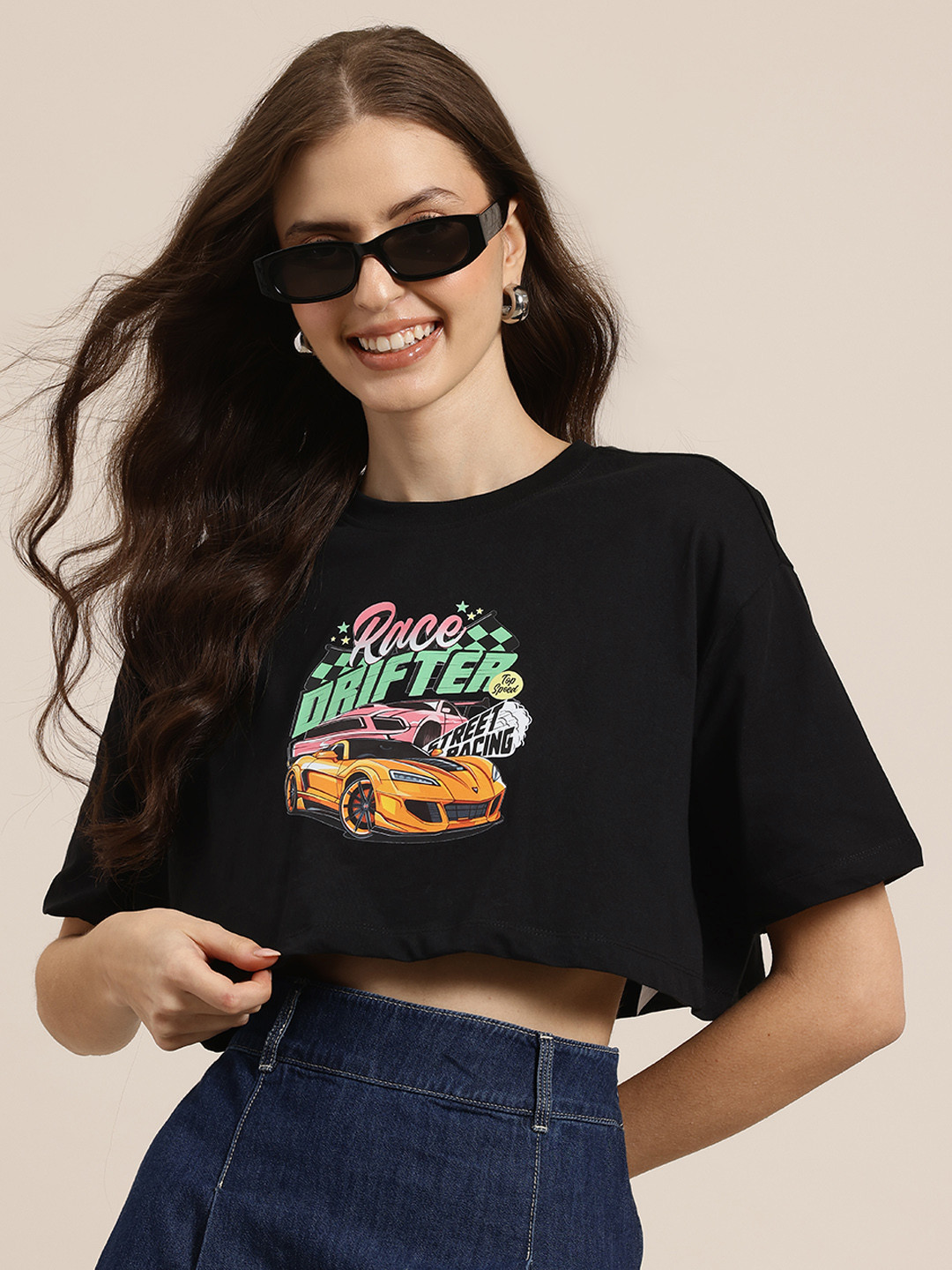 HERE&NOW Grand Prix Printed Drop-Shoulder Sleeves Pure Cotton Cropped Boxy T-shirt