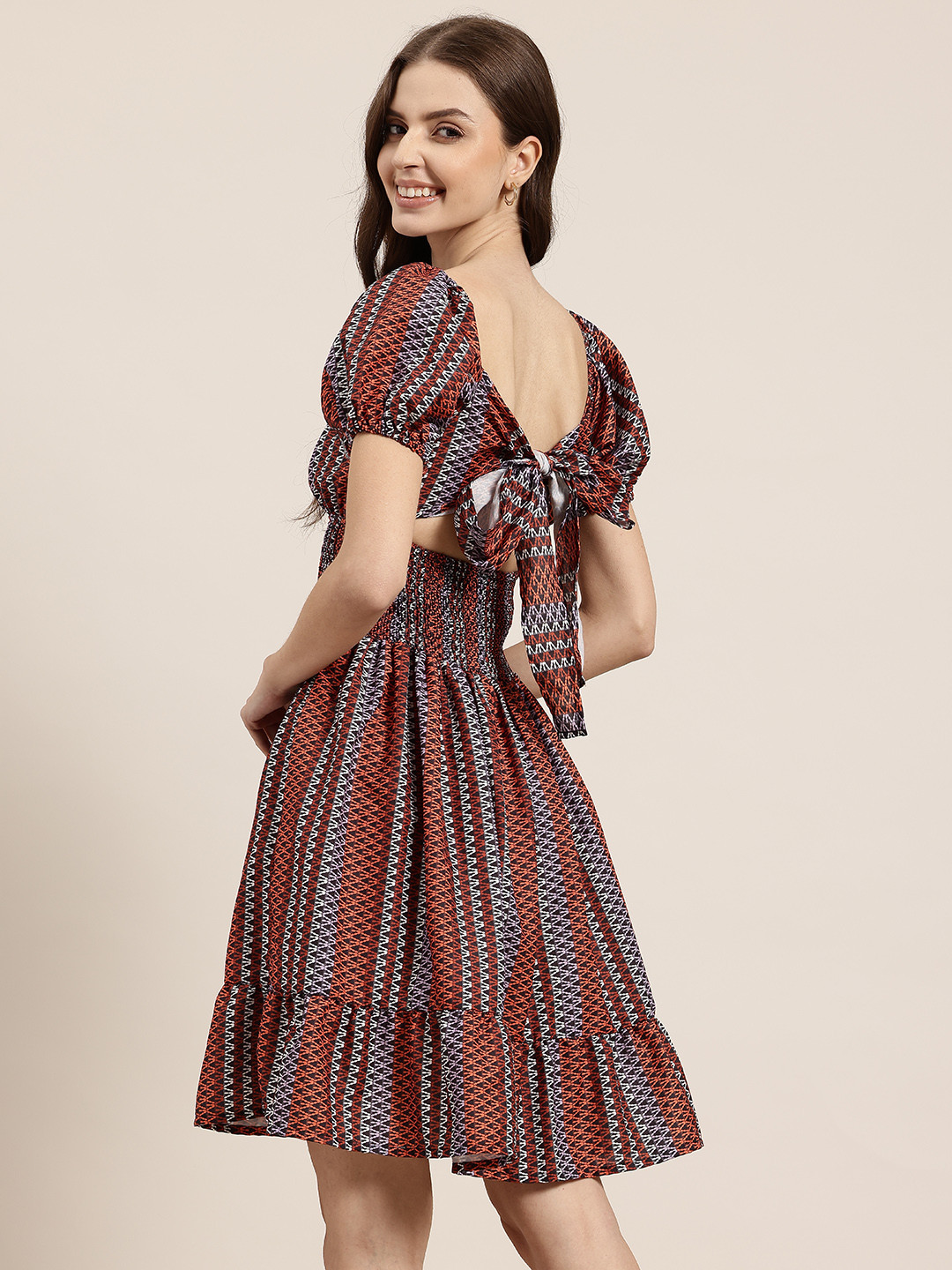 HERE&NOW Printed Smocked Cut-Out Back Fit & Flare Dress