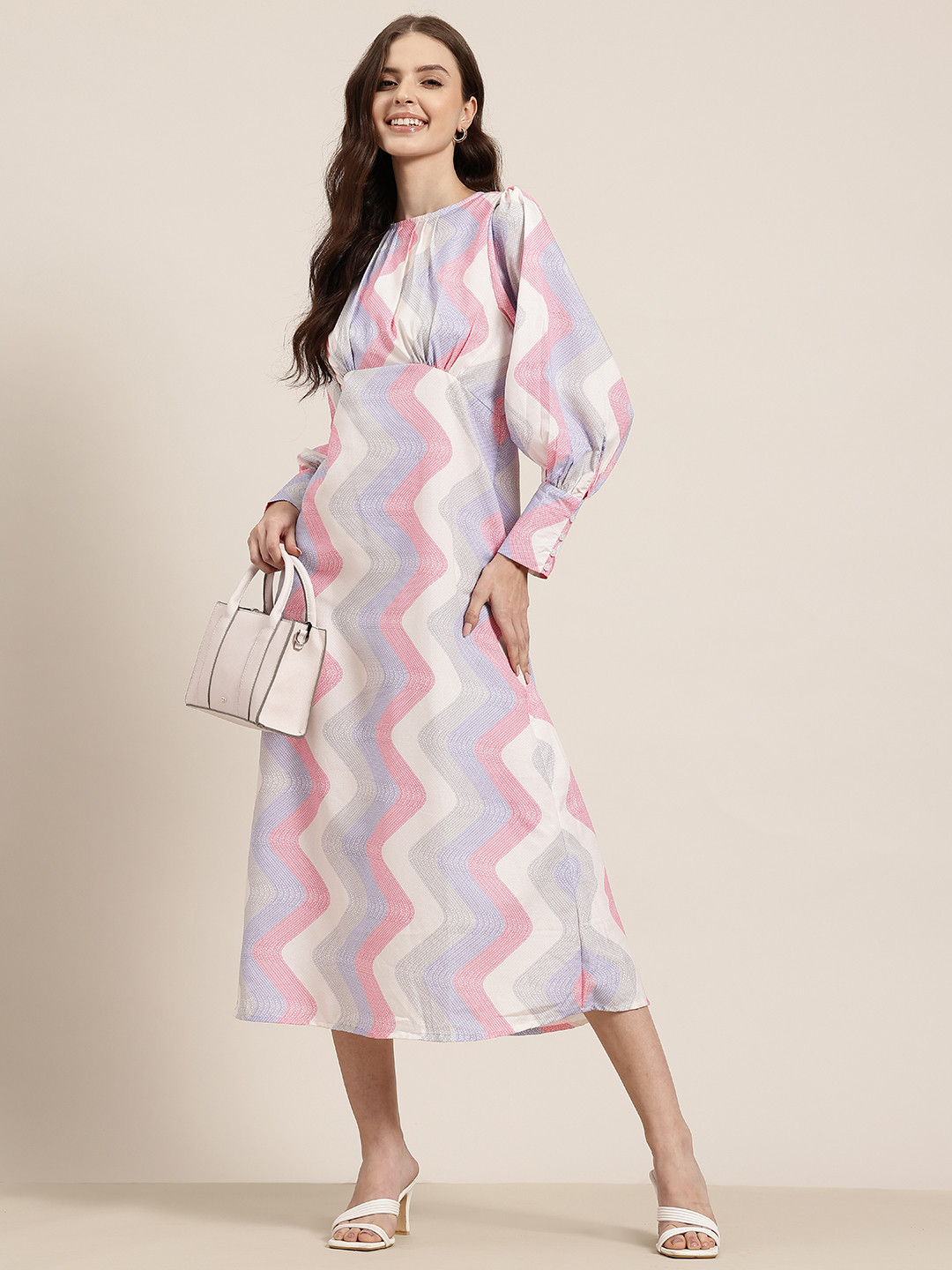 HERE&NOW Chevron Print Bishop Sleeves A-Line Midi Dress