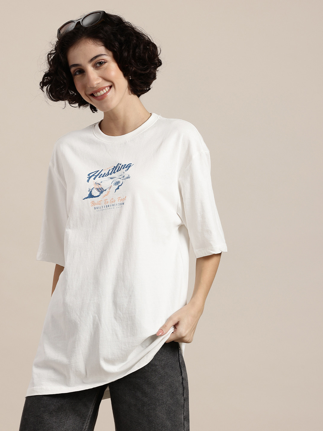 HERE&NOW Grand Prix Typography Print Drop-Shoulder Sleeves Pure Cotton T-shirt