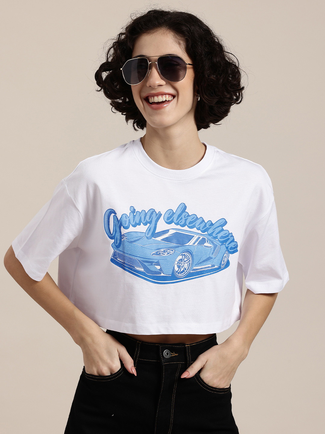 HERE&NOW Grand Prix Typography Print Drop-Shoulder Sleeves Pure Cotton Crop T-shirt
