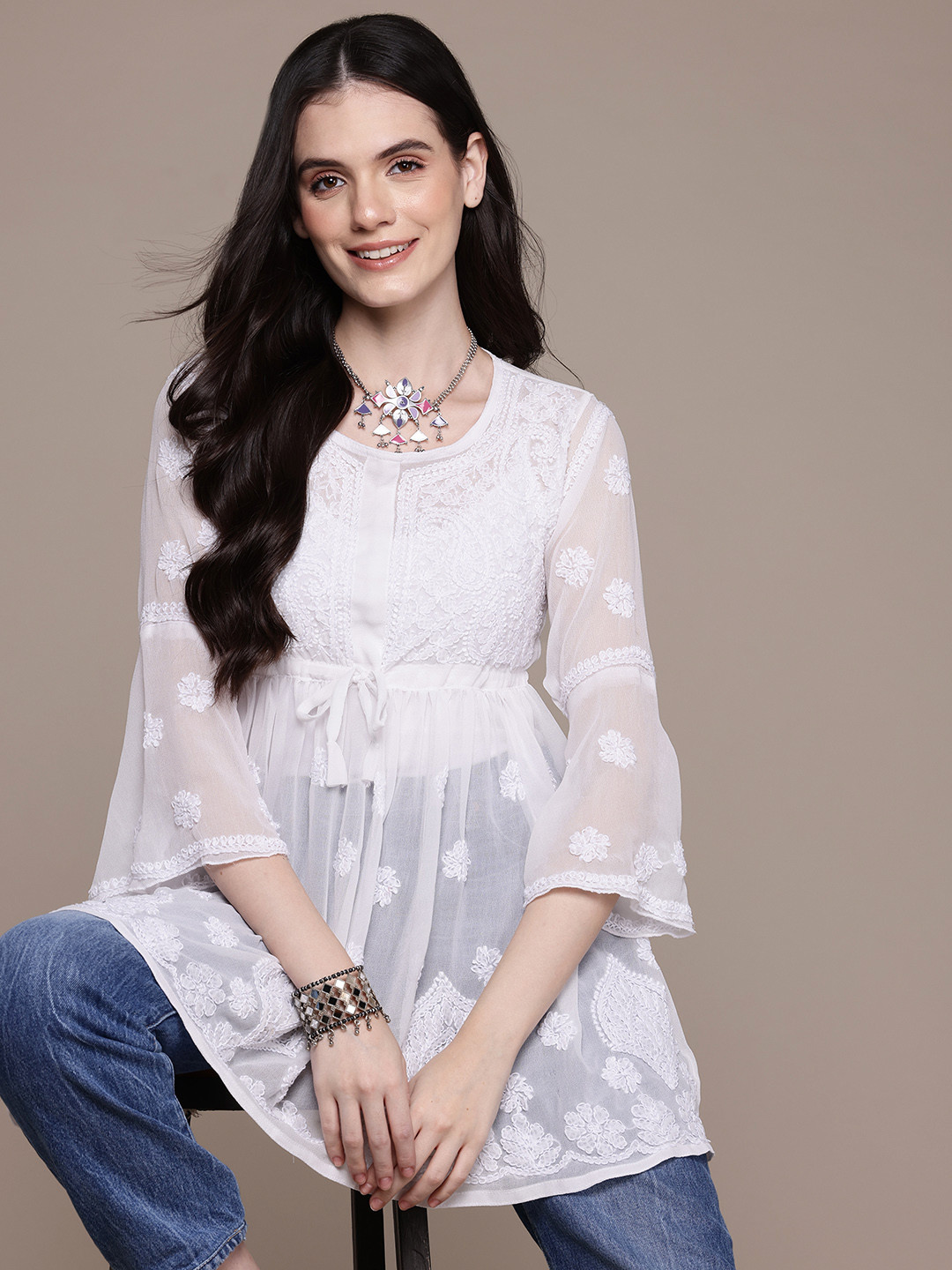 Aaina by Yashika Floral Embroidered Chikankari Pure Georgette Chikankari Pleated Kurti