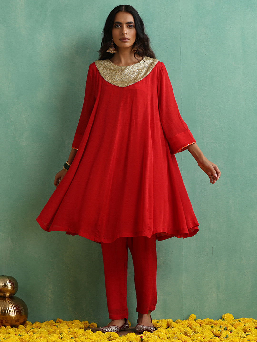 indy Raaga Yoke Design Sequinned Silk Chiffon Anarkali Kurta With Dhoti Pants
