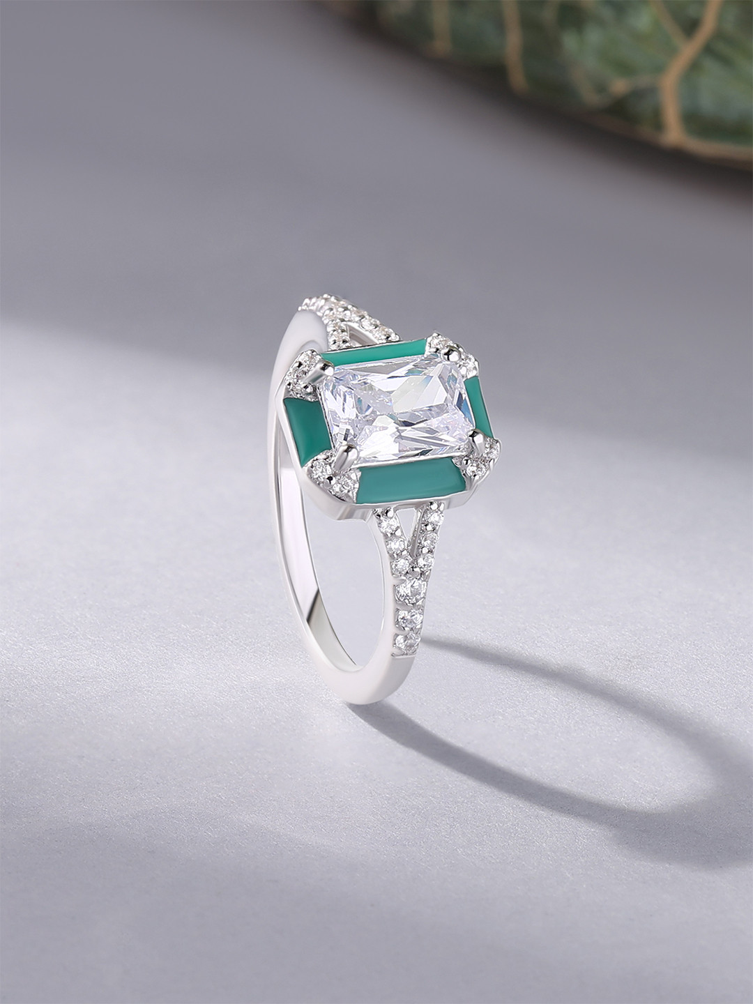 Ornate Jewels 925 Silver American Diamond Vintage Green Enamelled Ring